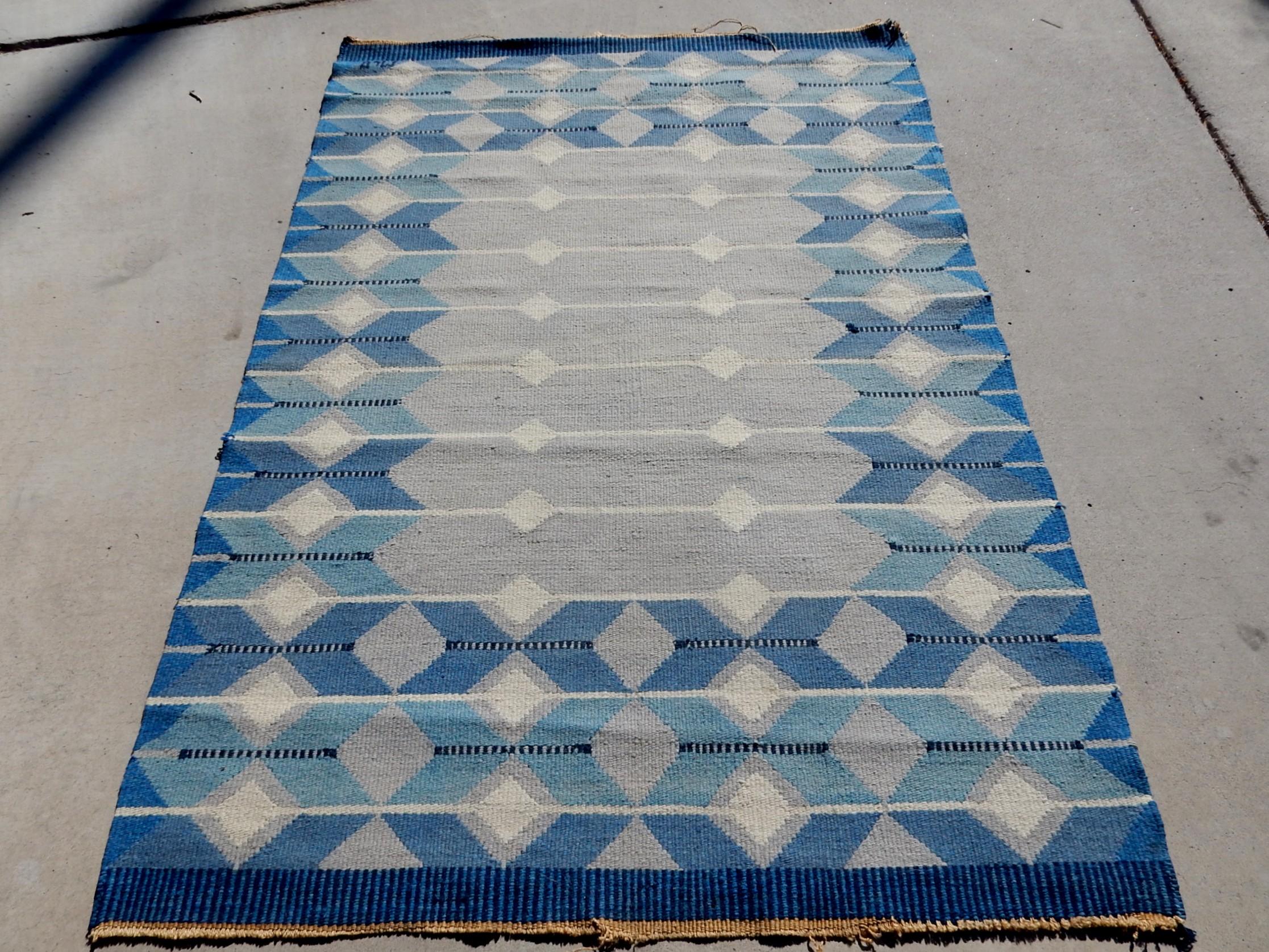 Wool Swedish Geometric Flat-Weave Rug Signed MLB 1950s Scandinavian Artist For Sale