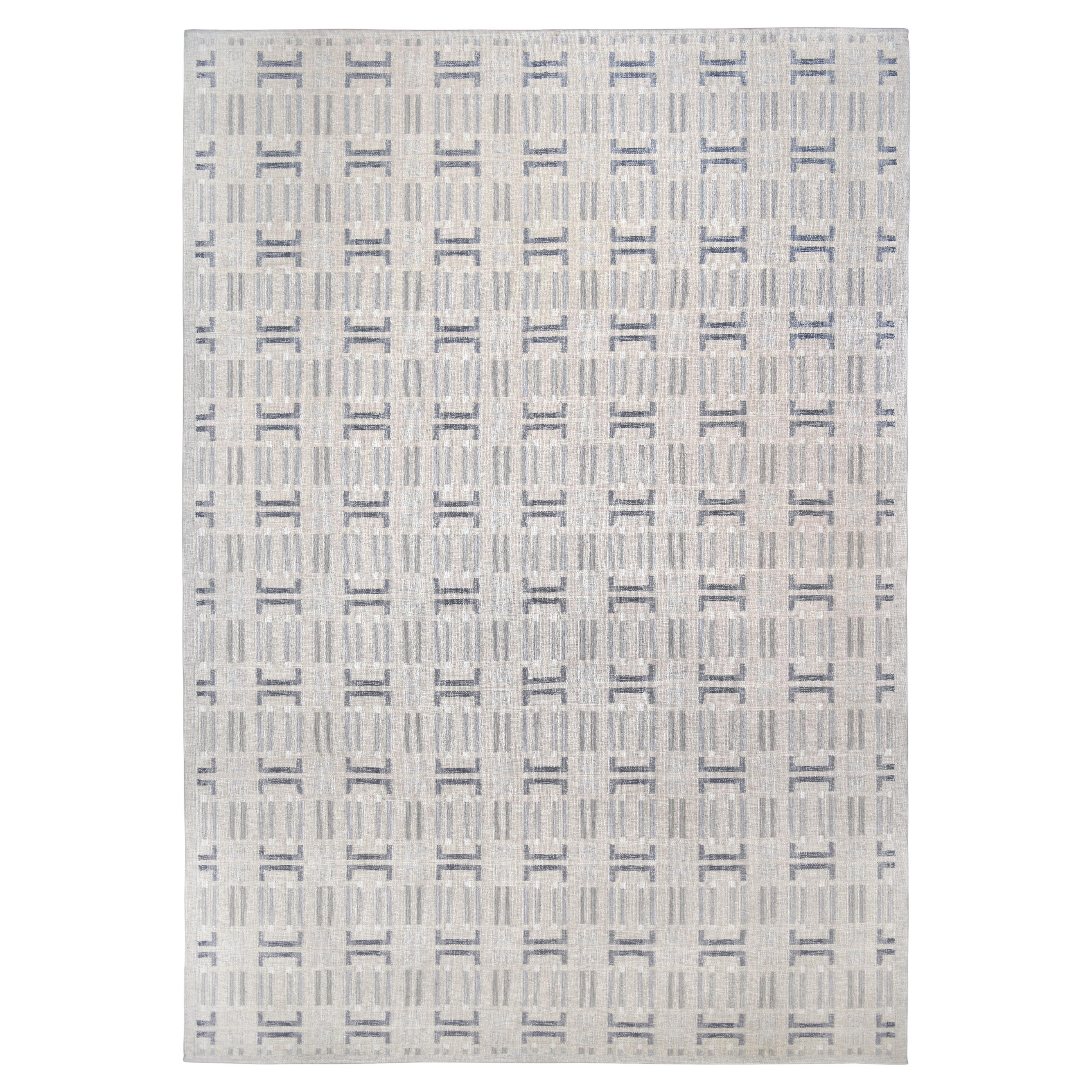 Swedish Geometric Taupe and Blue Wool Rug 14'3''x20'3''