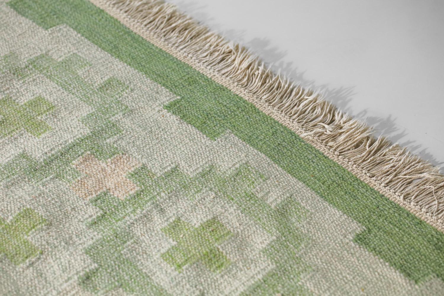 Schwedischer geometrischer Vintage Teppich 60er Jahre grün Röllakan Wolle auf Leinen 4