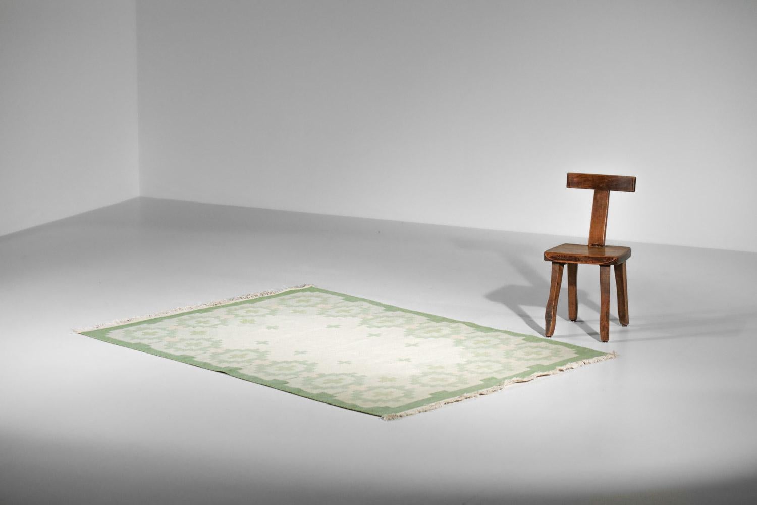 Mid-Century Modern Swedish Geometric Vintage Carpet 1960s Green Röllakan Wool on Linen