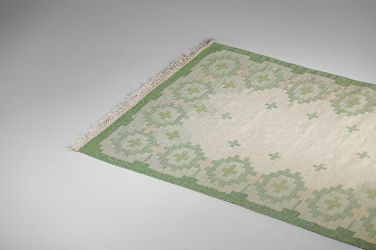 Schwedischer geometrischer Vintage Teppich 60er Jahre grün Röllakan Wolle auf Leinen (Mitte des 20. Jahrhunderts)