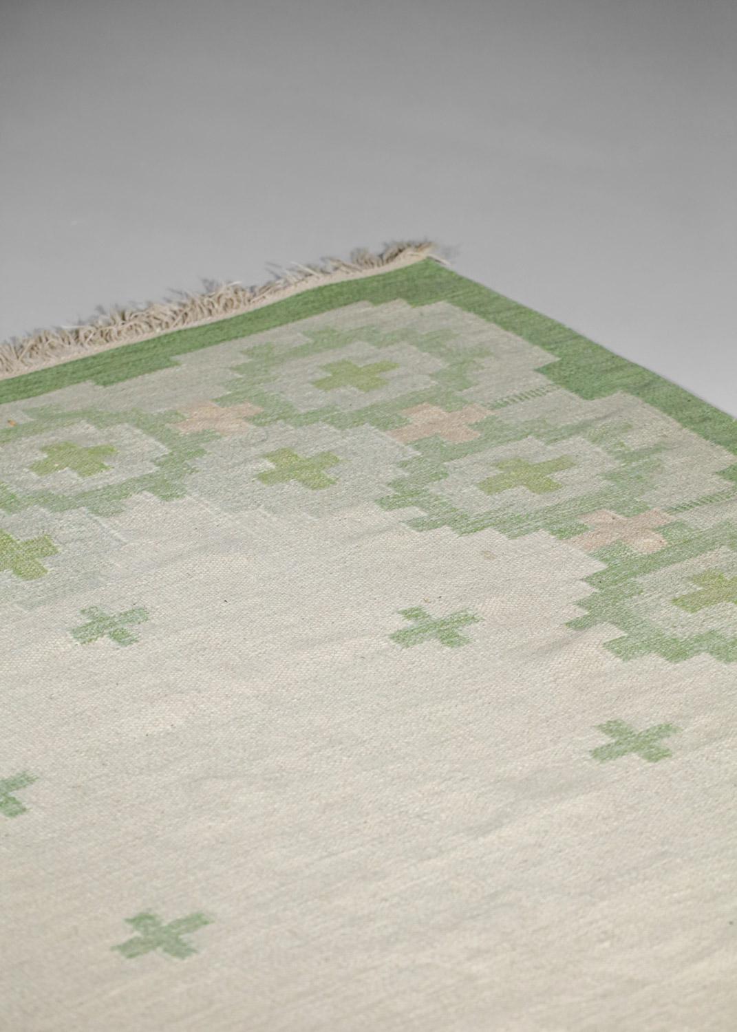 Schwedischer geometrischer Vintage Teppich 60er Jahre grün Röllakan Wolle auf Leinen 1