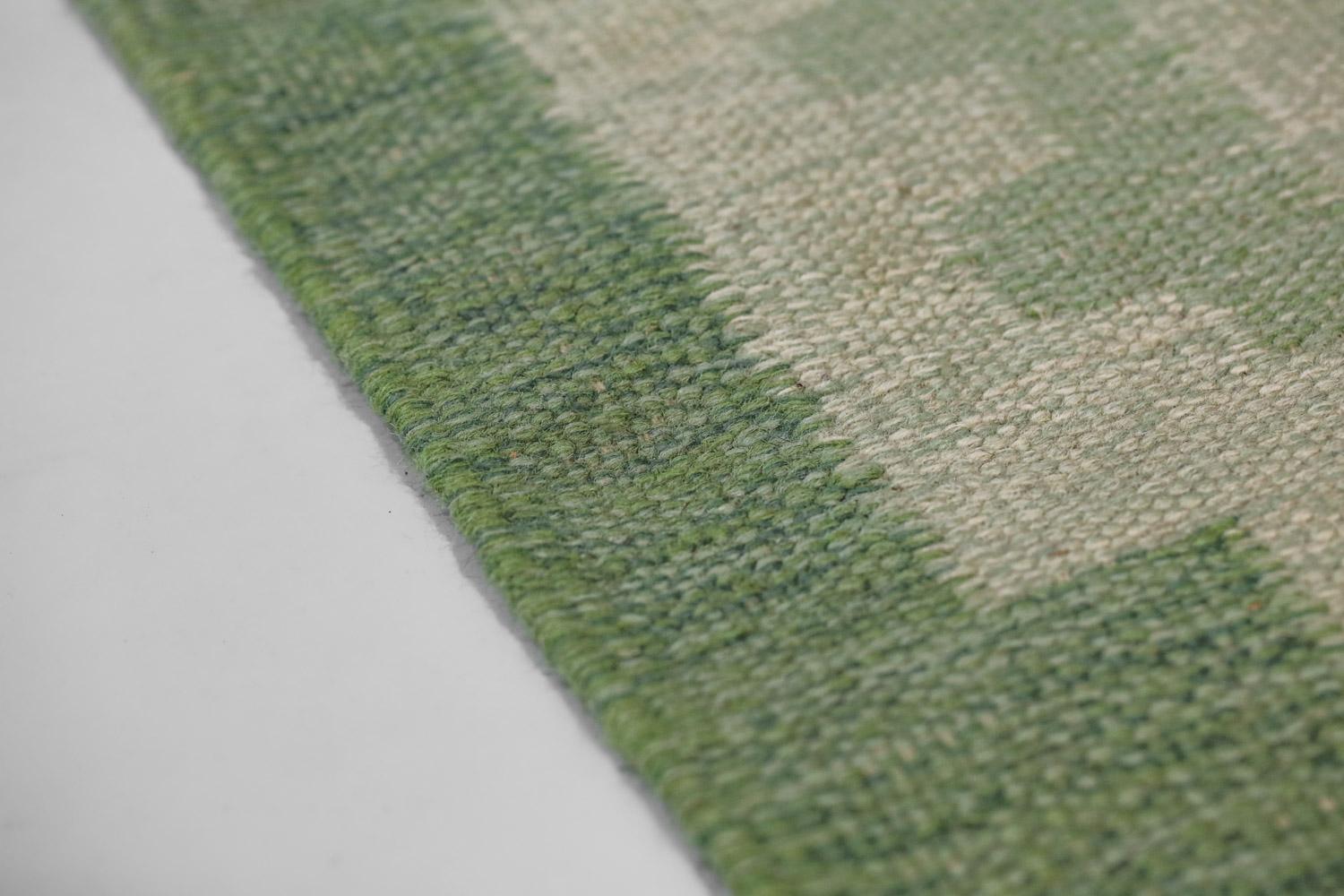 Schwedischer geometrischer Vintage Teppich 60er Jahre grün Röllakan Wolle auf Leinen 2