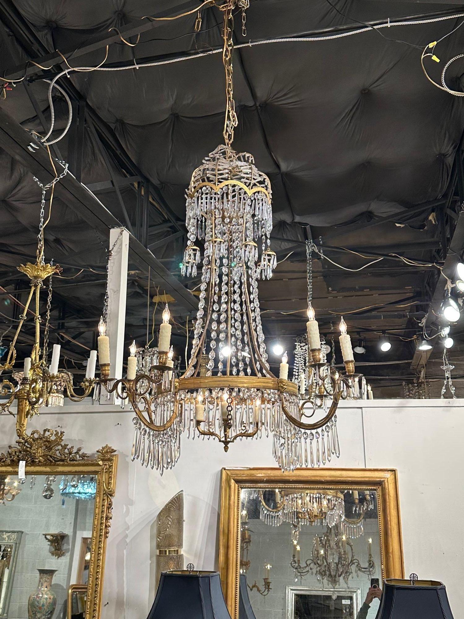 Swedish Gilt Bronze and Crystal Chandelier In Good Condition For Sale In Dallas, TX