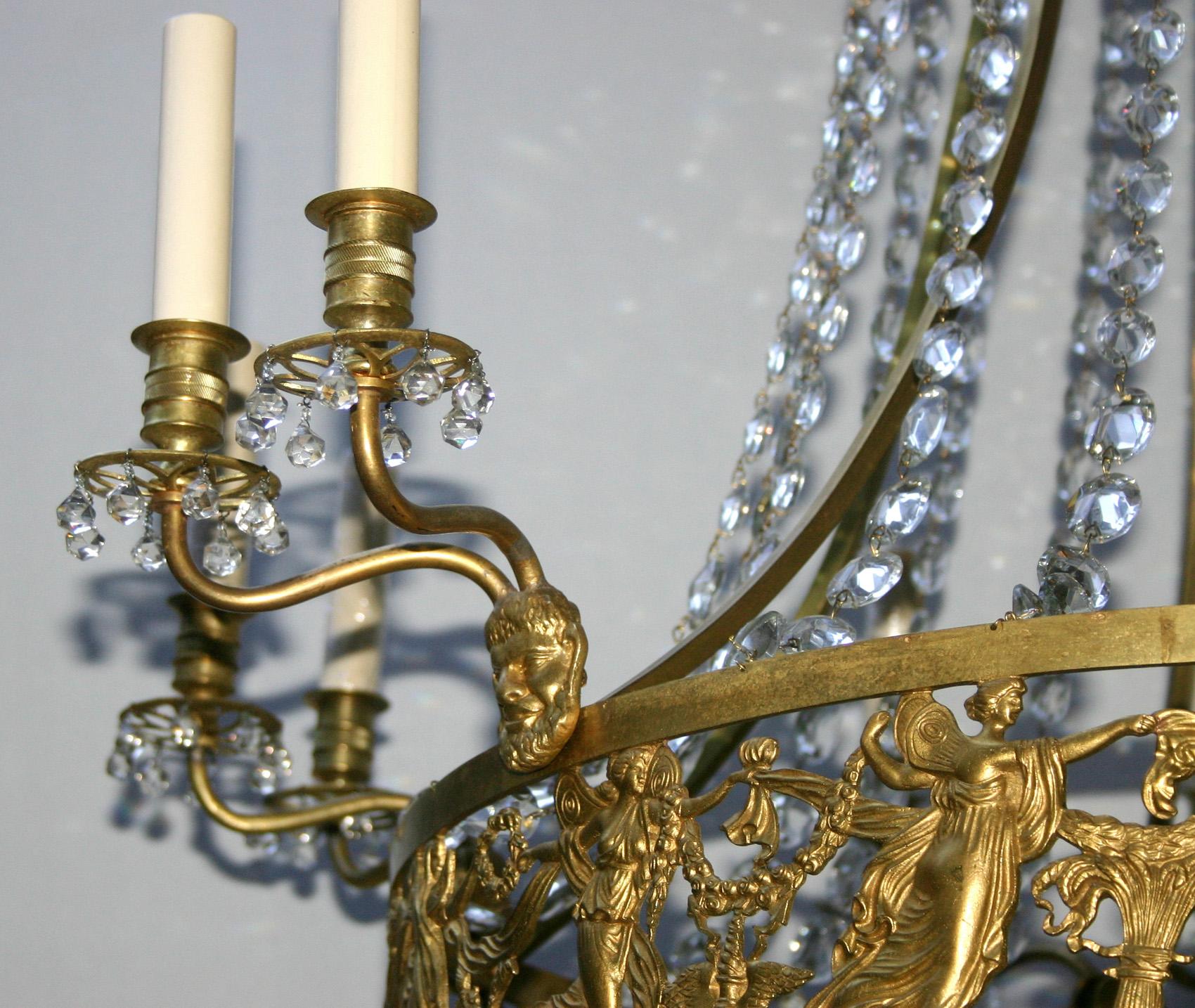 Circa 1900 Swedish gilt bronze chandelier with cobalt blue glass with 12 lights.

Measurements:
Diameter: 34