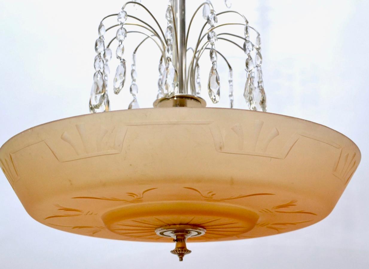 Early 20th Century Swedish Glass and Silvered Art Deco Ceiling Lamp, circa 1930