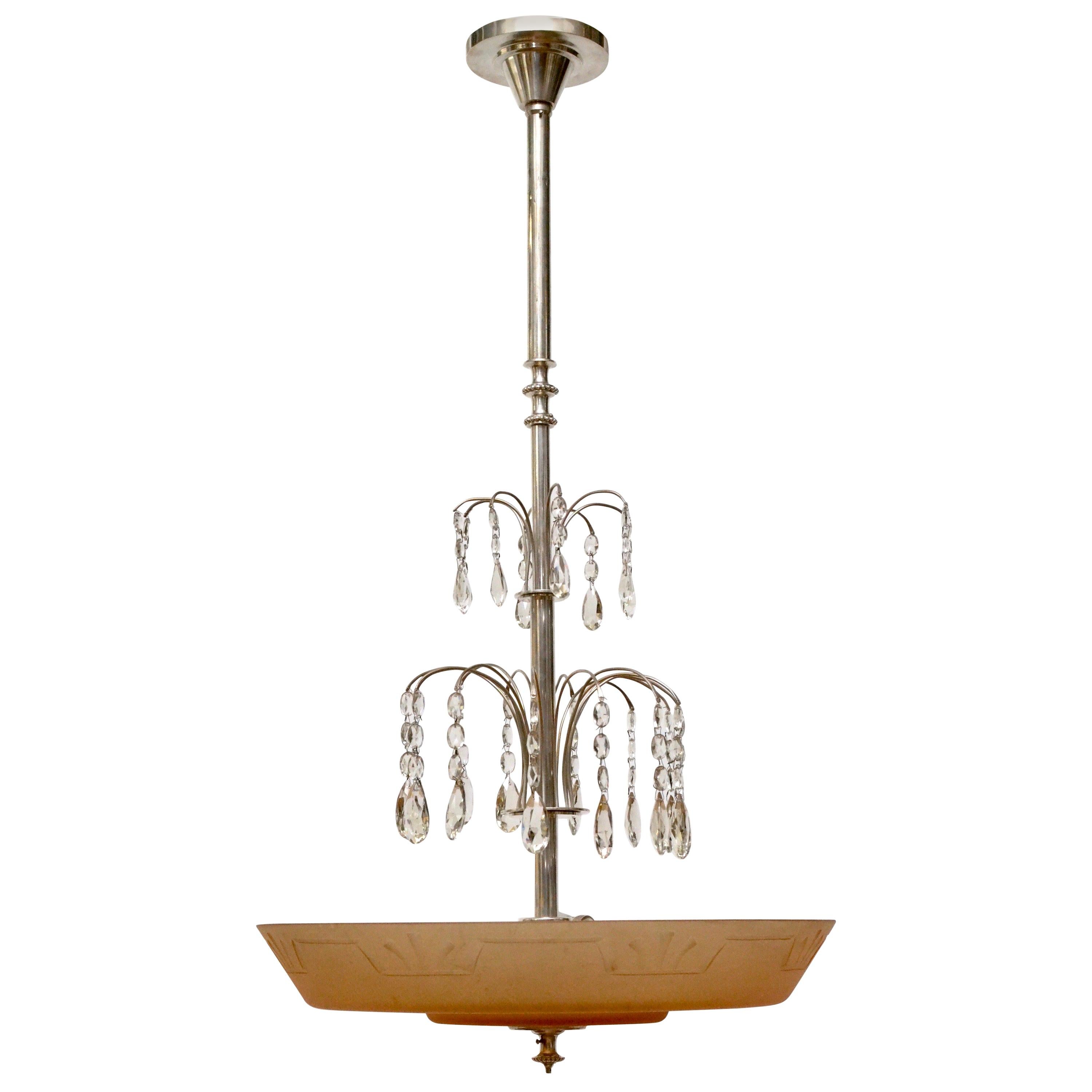 Swedish Glass and Silvered Art Deco Ceiling Lamp, circa 1930