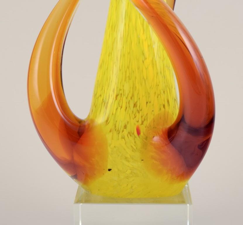 Modern Swedish glass artist. Large sculpture in art glass. Yellow and amber decoration. For Sale