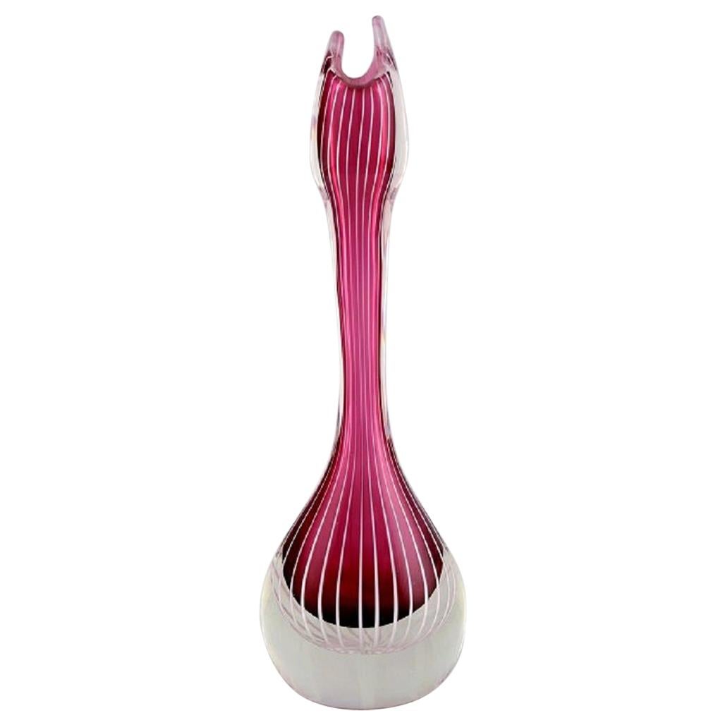 Swedish Glass Artist, Organically Shaped Vase in Violet and Clear Art Glass For Sale