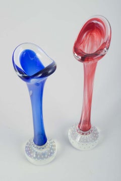 Swedish glass artist. Two vases in colored and clear glass. Organic forms.