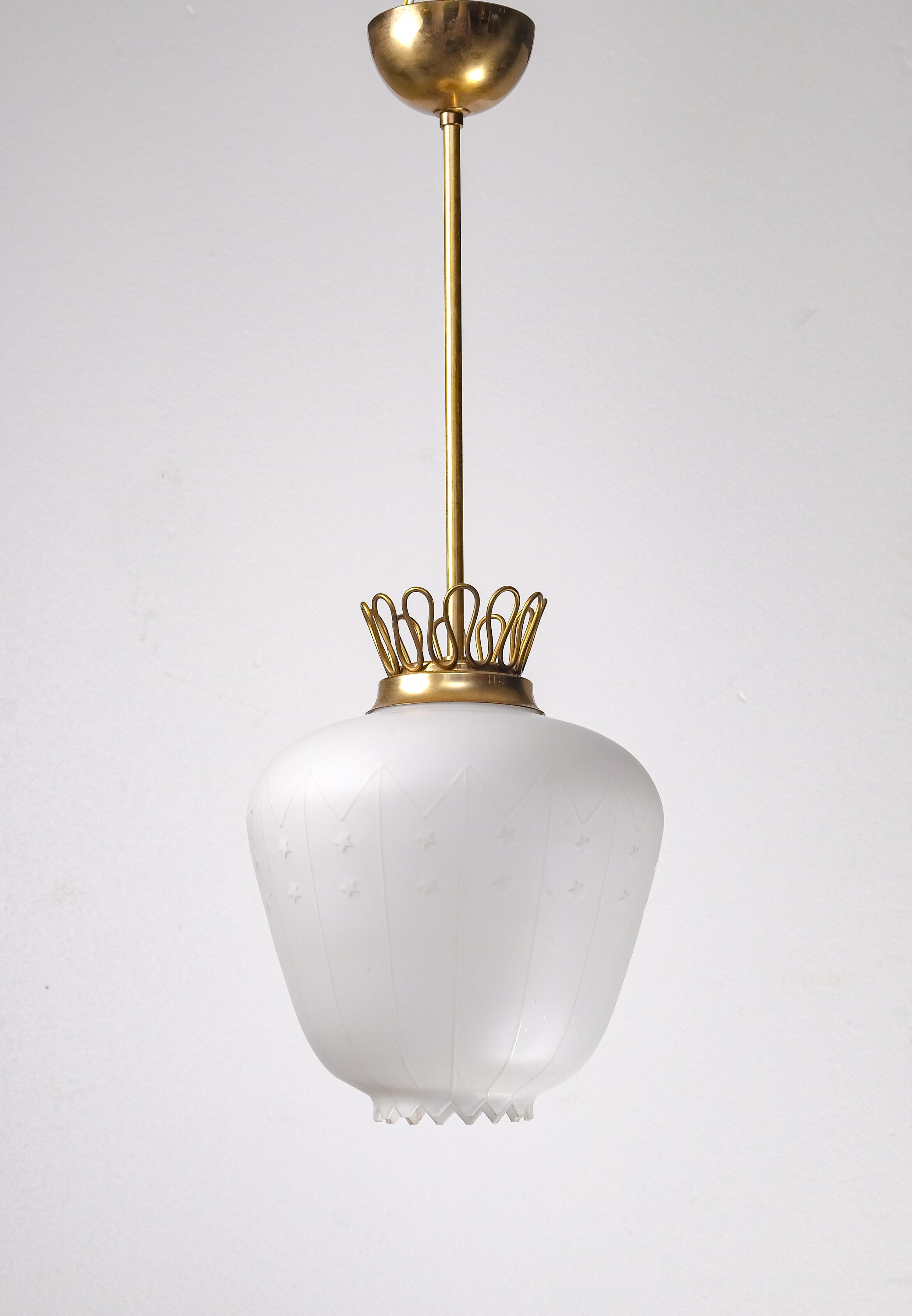 Scandinavian Modern Swedish Glass & Brass Pendant by Böhlmarks, 1940s