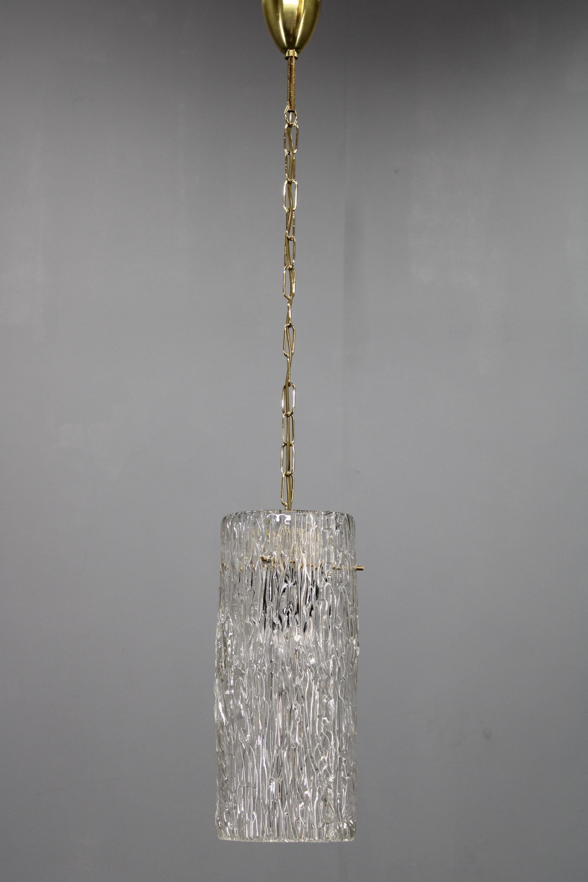 Elegante lampada a sospensione vintage disegnata da Carl Fagerlund per Orrefors, Svezia, negli anni '60. Questo pezzo da collezione è caratterizzato da un paralume cilindrico in vetro testurizzato con intricati motivi organici, abbinato a una