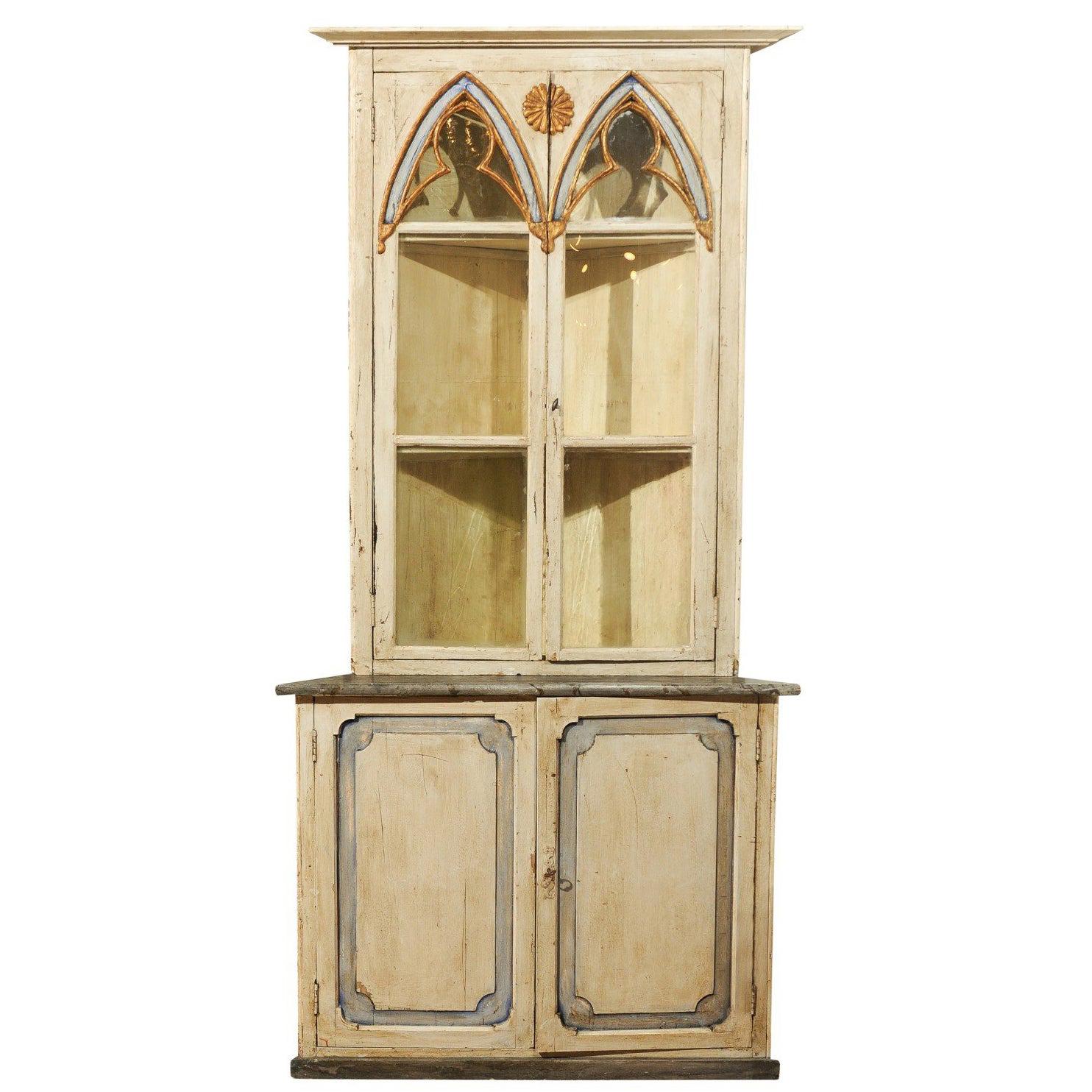 Swedish Gothic Revival Painted Wood Corner Cabinet with Glass Doors, circa 1830 For Sale