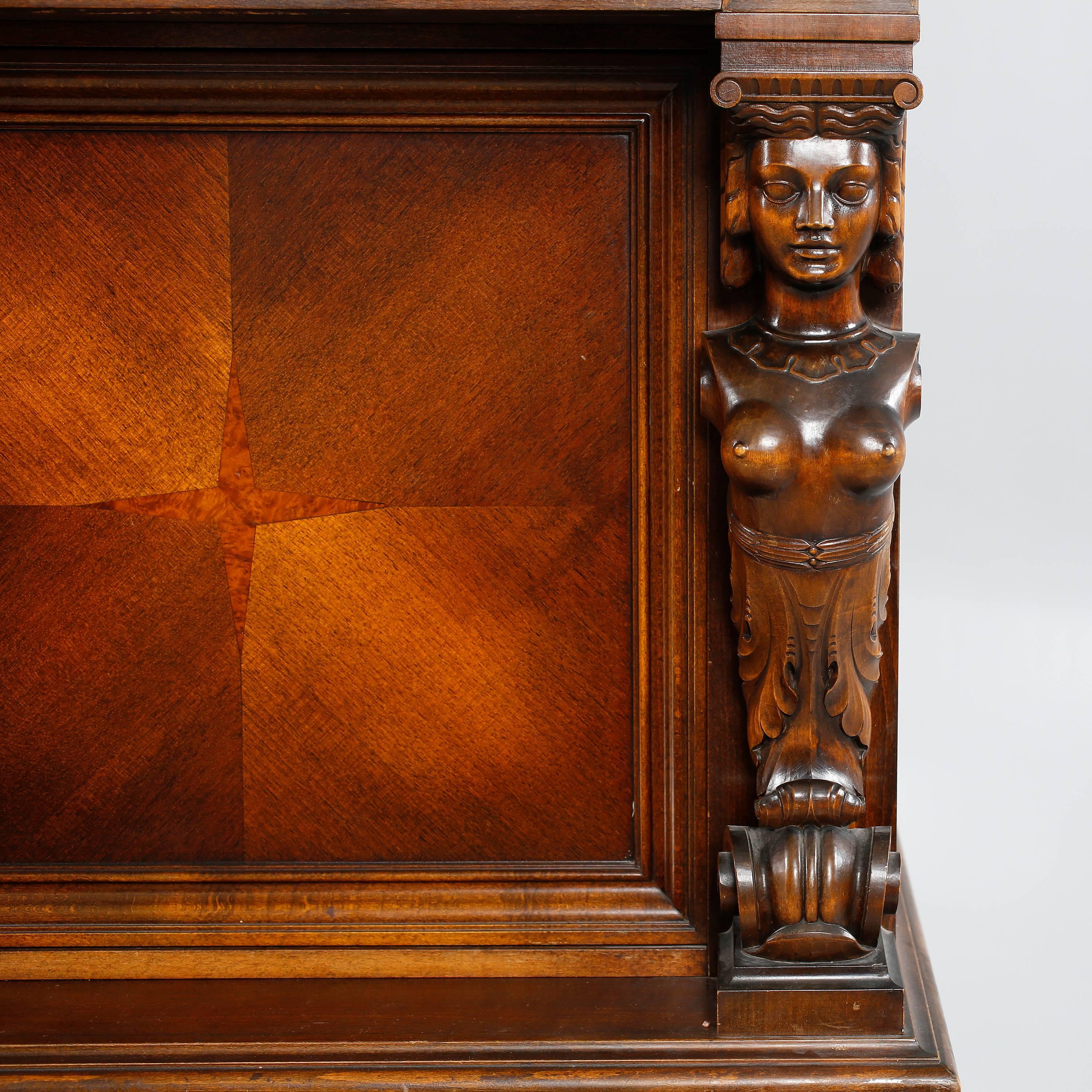 Mid-20th Century Swedish Gothic Revival Storage or Bar Cabinet with Carved Female Figures, 1930s For Sale