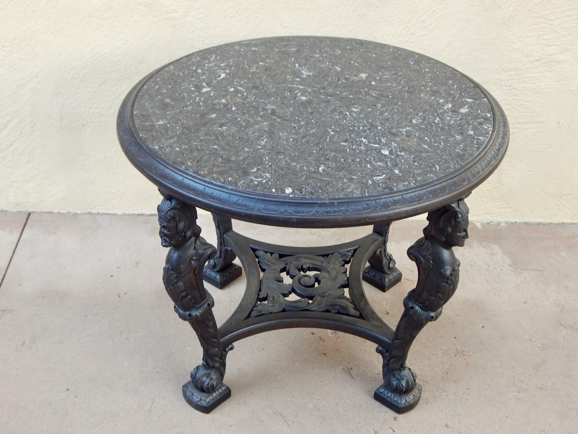 Swedish Gothic Revival Table with Figural Columns and Stone Top, circa 1920 For Sale 9