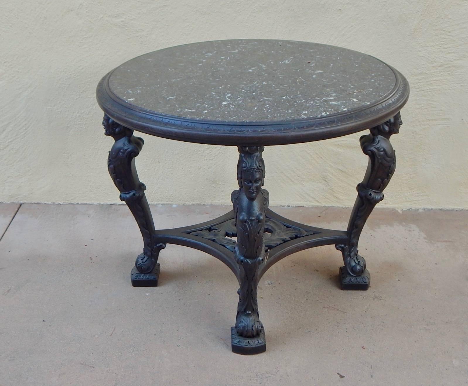 Swedish Gothic Revival Table with Figural Columns and Stone Top, circa 1920 In Excellent Condition For Sale In Richmond, VA
