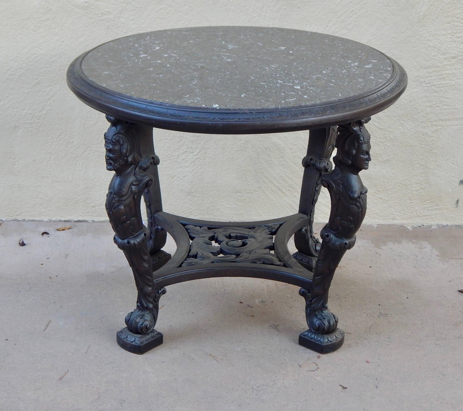 Early 20th Century Swedish Gothic Revival Table with Figural Columns and Stone Top, circa 1920 For Sale