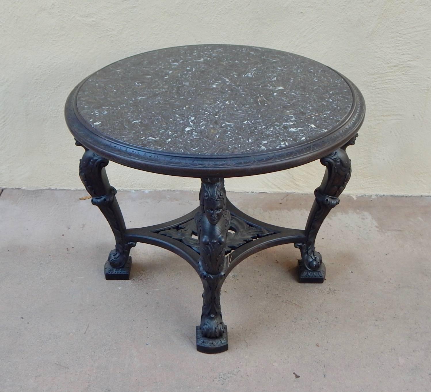 Marble Swedish Gothic Revival Table with Figural Columns and Stone Top, circa 1920 For Sale