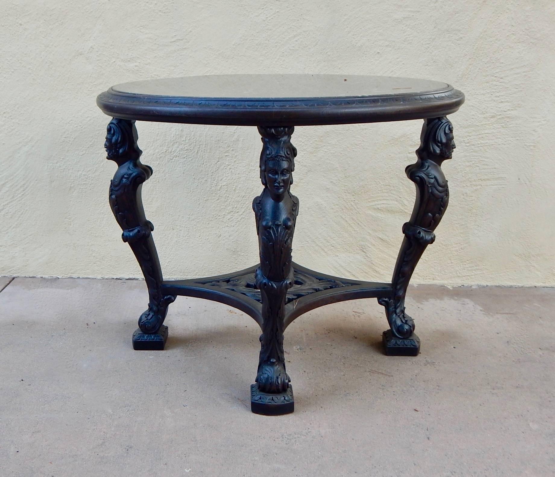 Swedish Gothic Revival Table with Figural Columns and Stone Top, circa 1920 For Sale 1