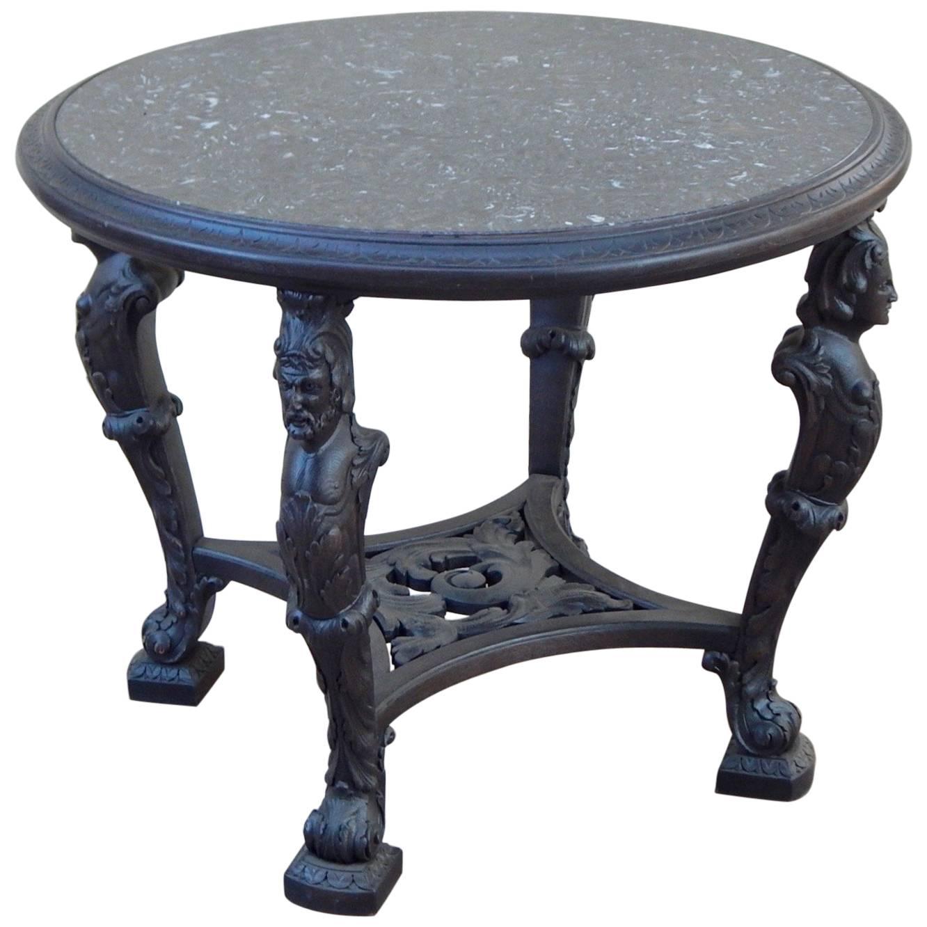 Swedish Gothic Revival Table with Figural Columns and Stone Top, circa 1920 For Sale