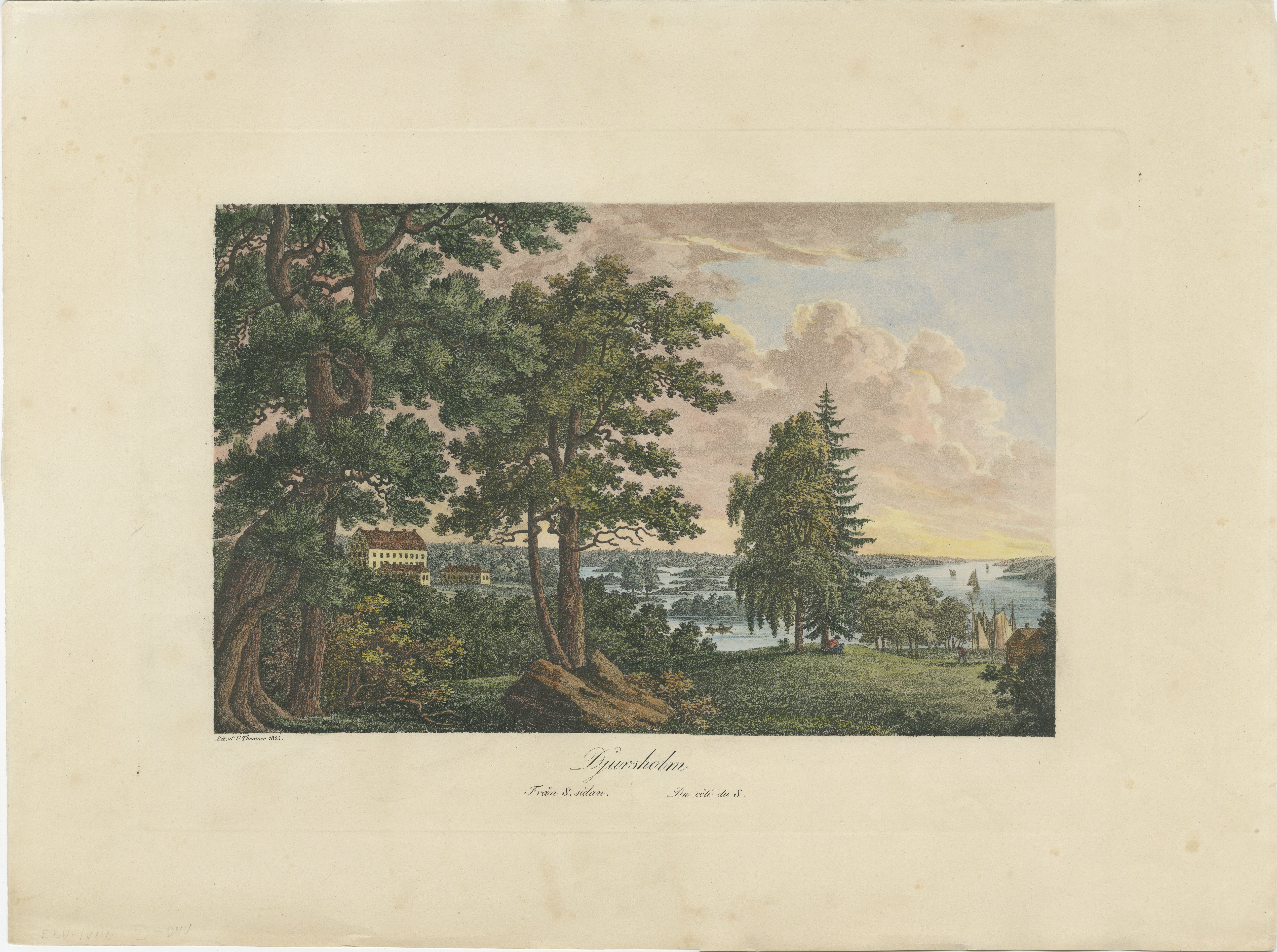 This hand-colored aquatint  is a topographical view of Djursholm Castle in Danderyd, Sweden, and it is a part of Ulrik Thersner's ambitious project, 