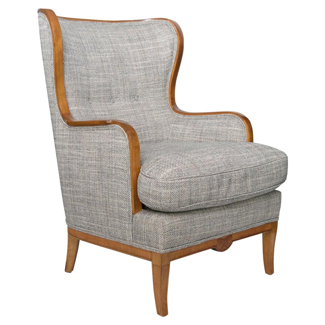 Swedish Grace, Art Deco Large Wingback Chair with Carved Stolid Birch Frame