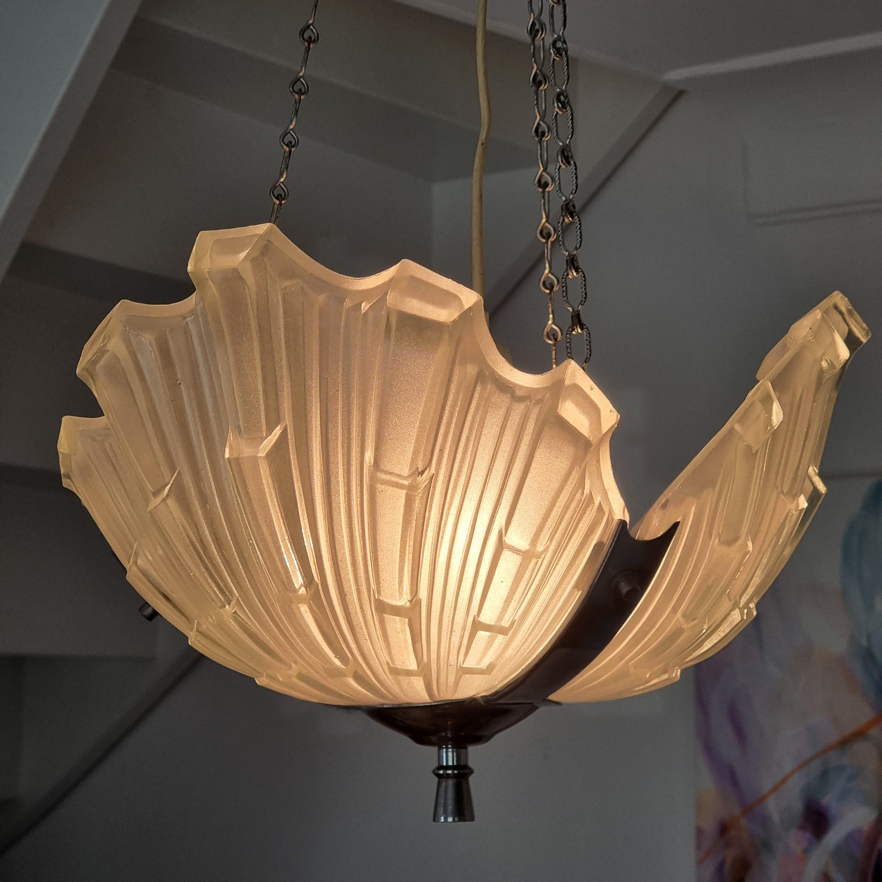 Mid-20th Century Swedish Grace / Art Deco Pendant, Clam-Shaped Glass Shades, with Provenance For Sale