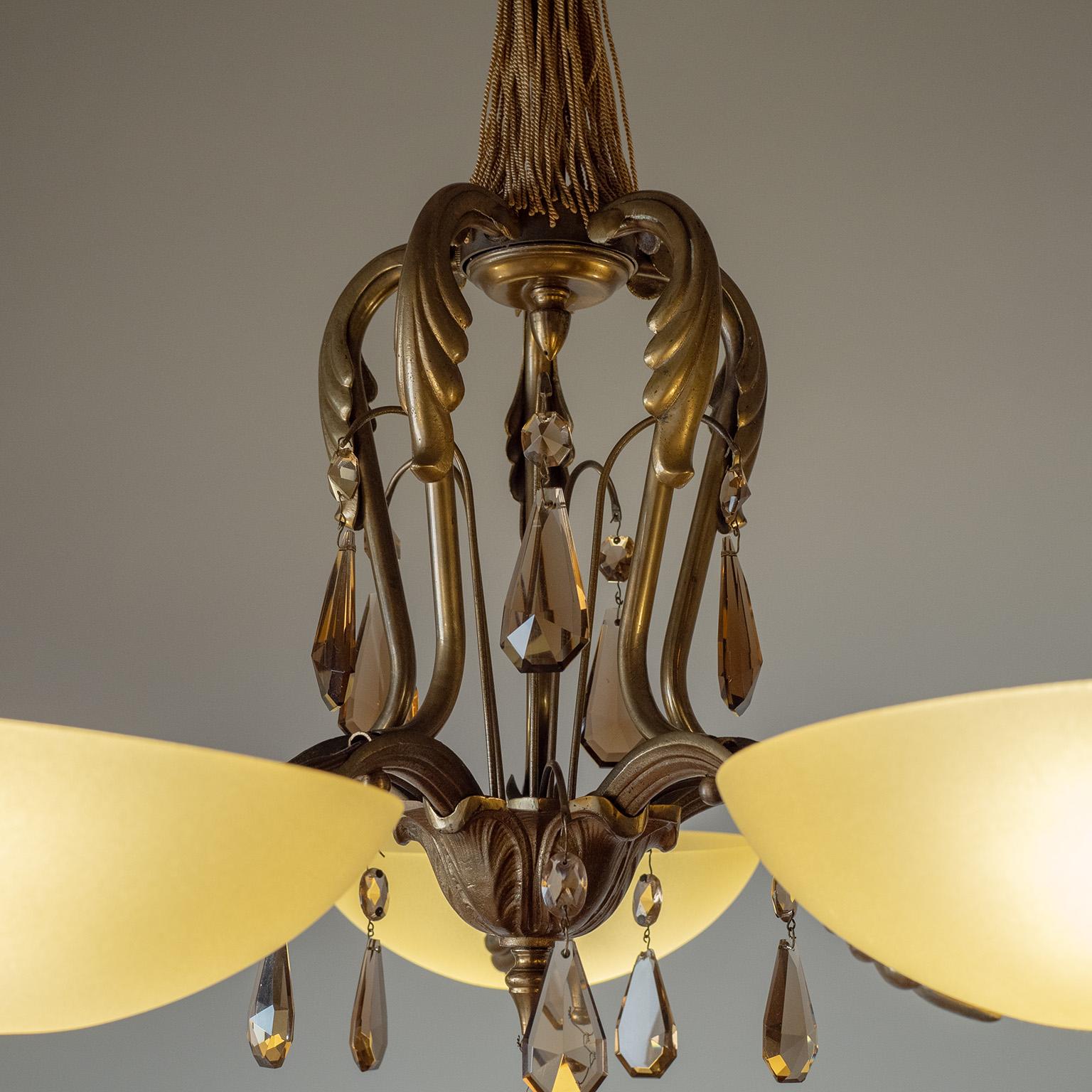 Art Deco Swedish Grace Brass And Glass Chandelier, 1930s For Sale