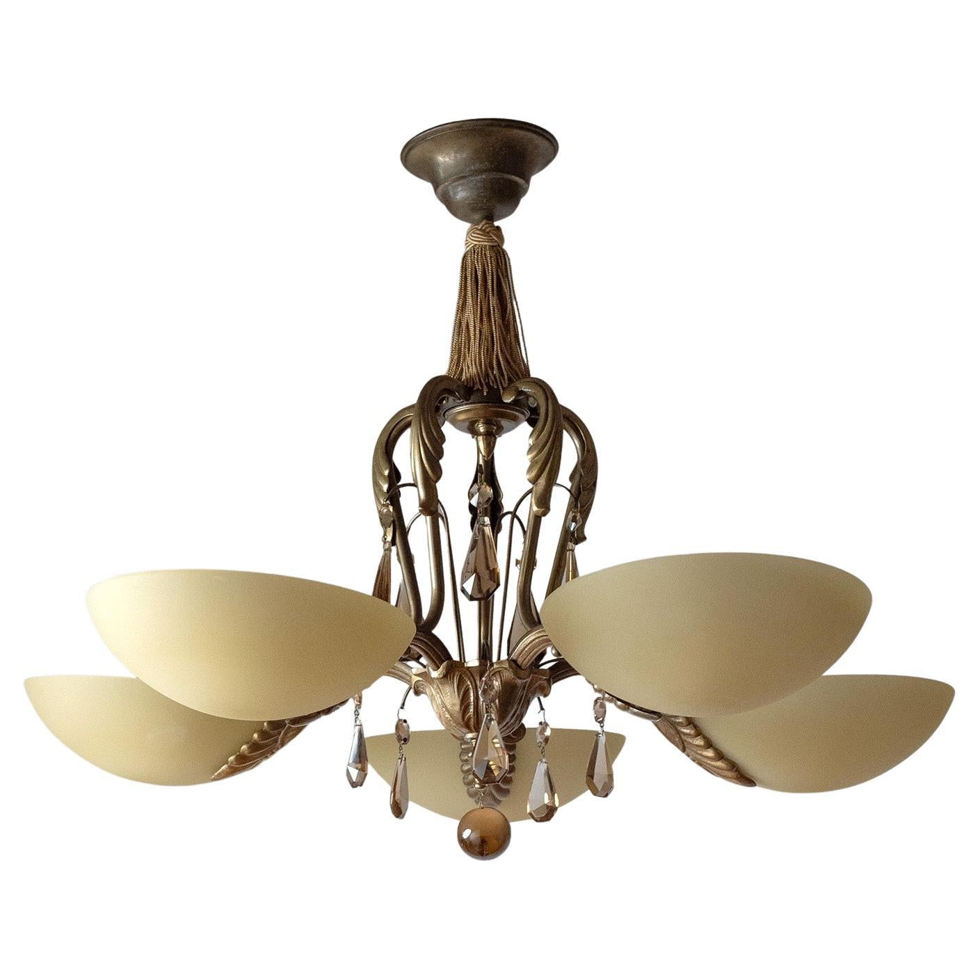 Swedish Grace Brass And Glass Chandelier, 1930s For Sale