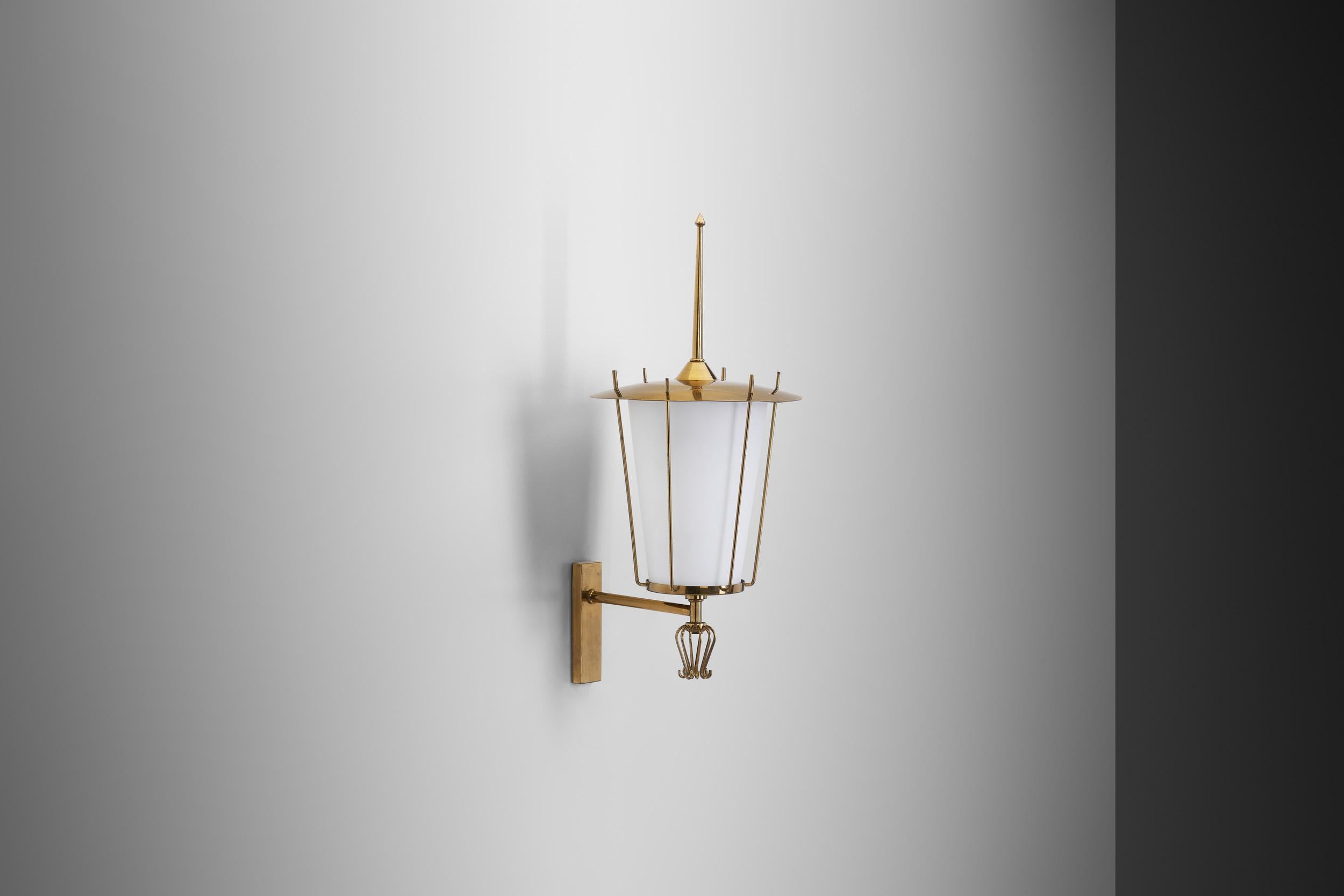 Art Deco Swedish Grace Brass and Opaque Glass Wall Lamp, Sweden 1930s For Sale