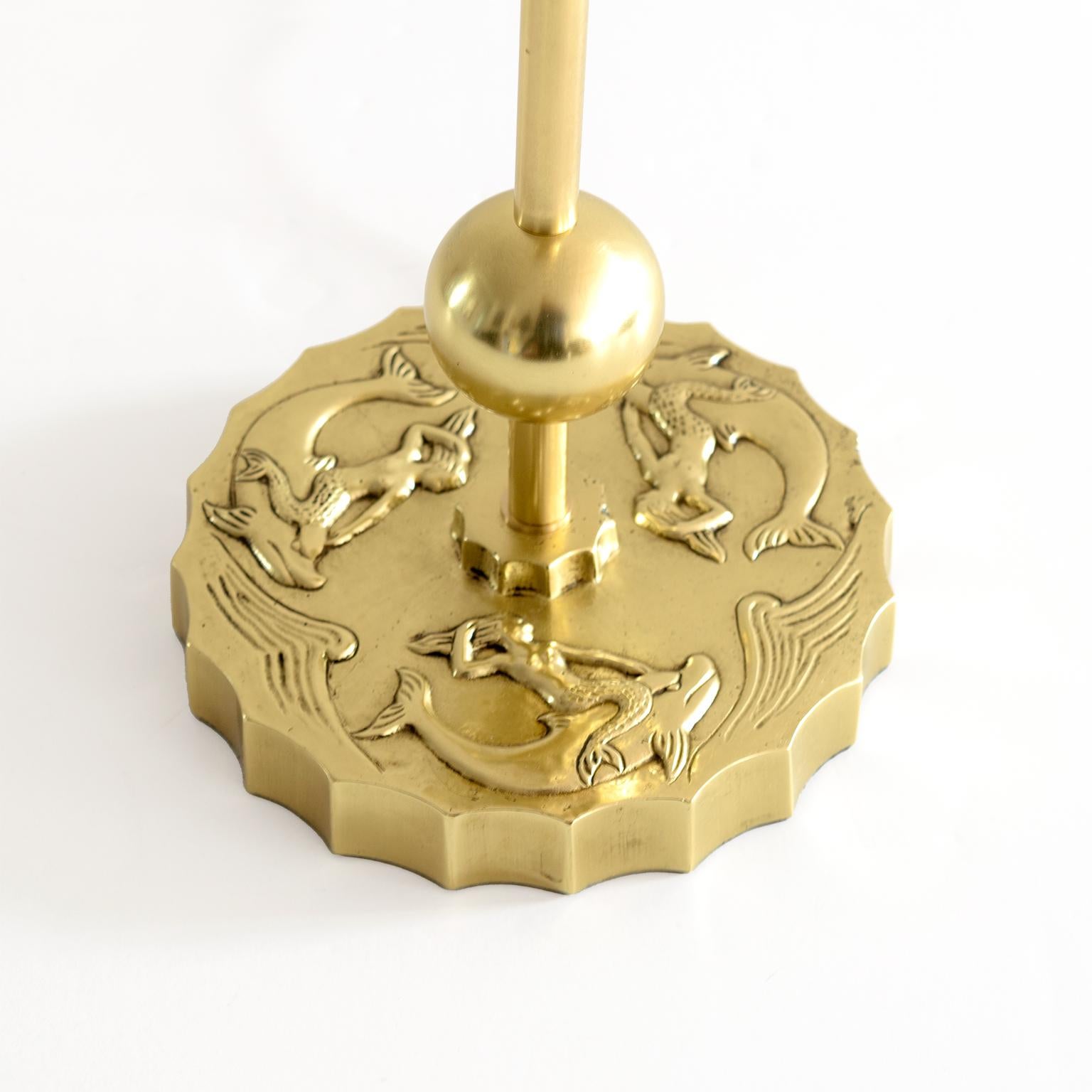 Polished Swedish Grace Brass Table Lamp with Mermaids and Dolphins in Relief For Sale