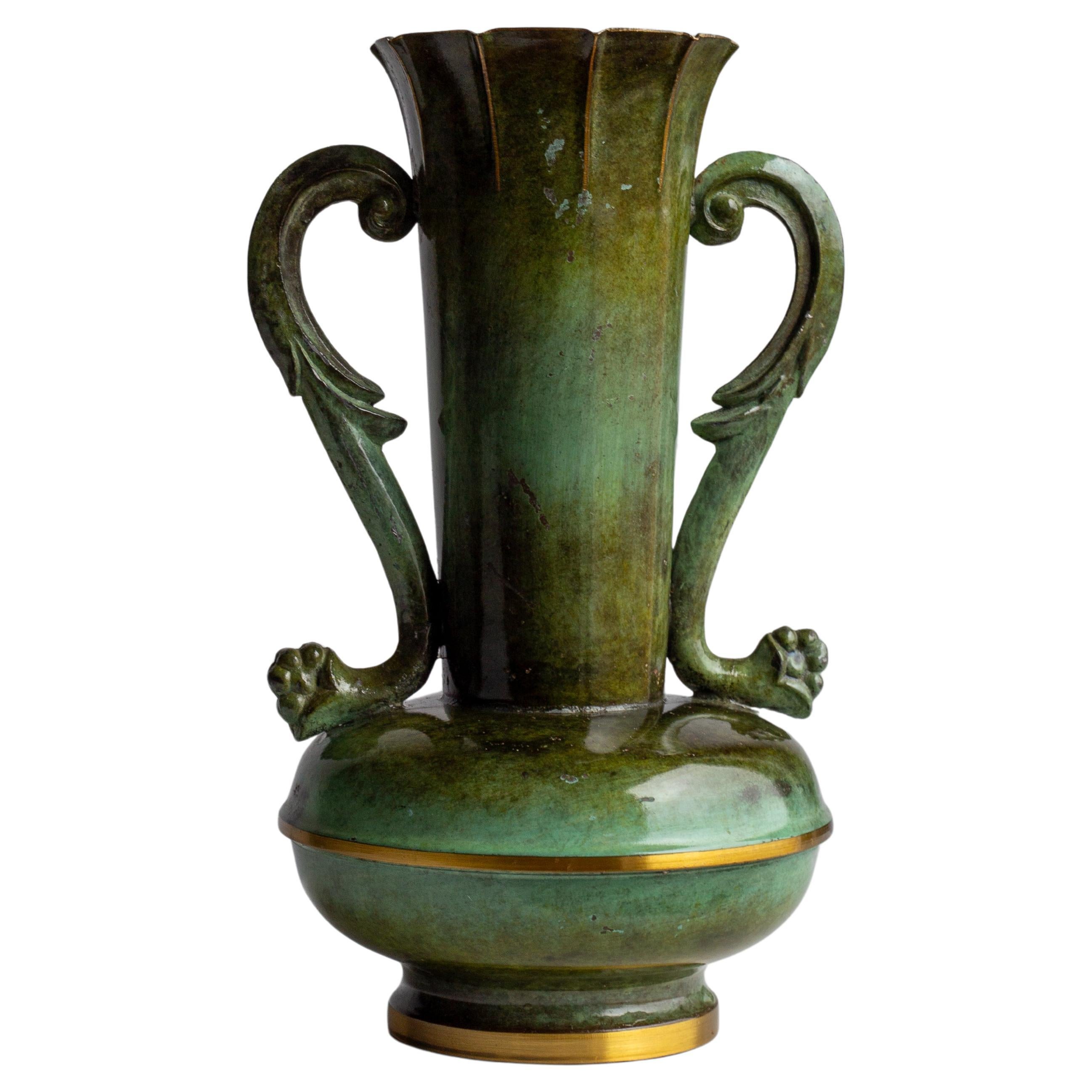 Swedish Grace Bronze Patinated Metal Handle Vase, Scandinavian Art Deco, 1930s