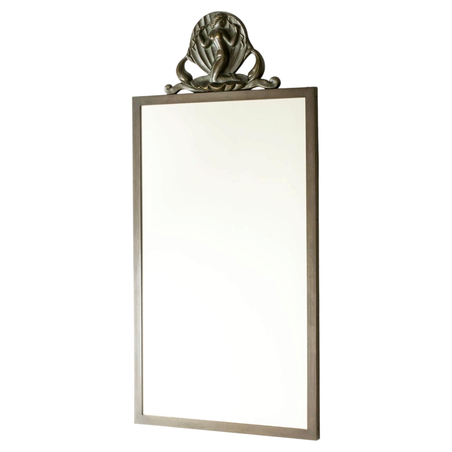 Swedish Grace Bronze Wall Mirror by Oscar Antonsson, Ystad-Metall, Sweden, 1930s For Sale