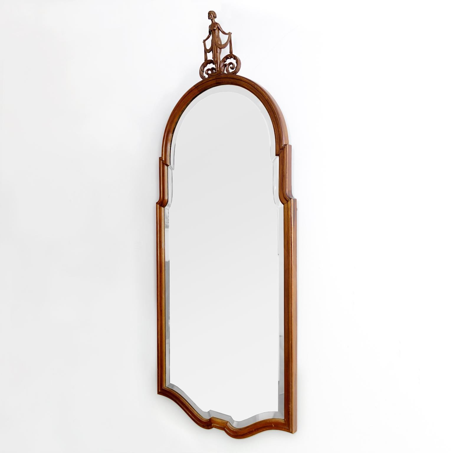 Scandinavian Modern Swedish Grace Carved Mahogany Mirror Topped With a Female, Circa, 1920-30
