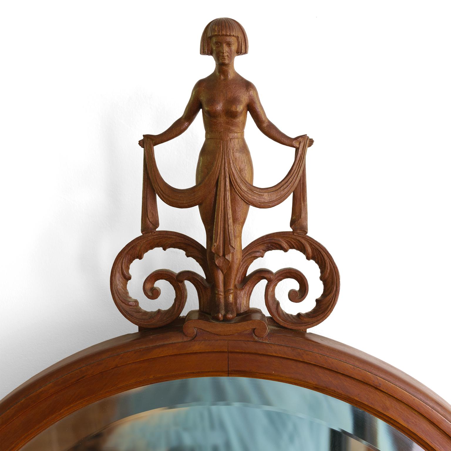 Hand-Carved Swedish Grace Carved Mahogany Mirror Topped With a Female, Circa, 1920-30