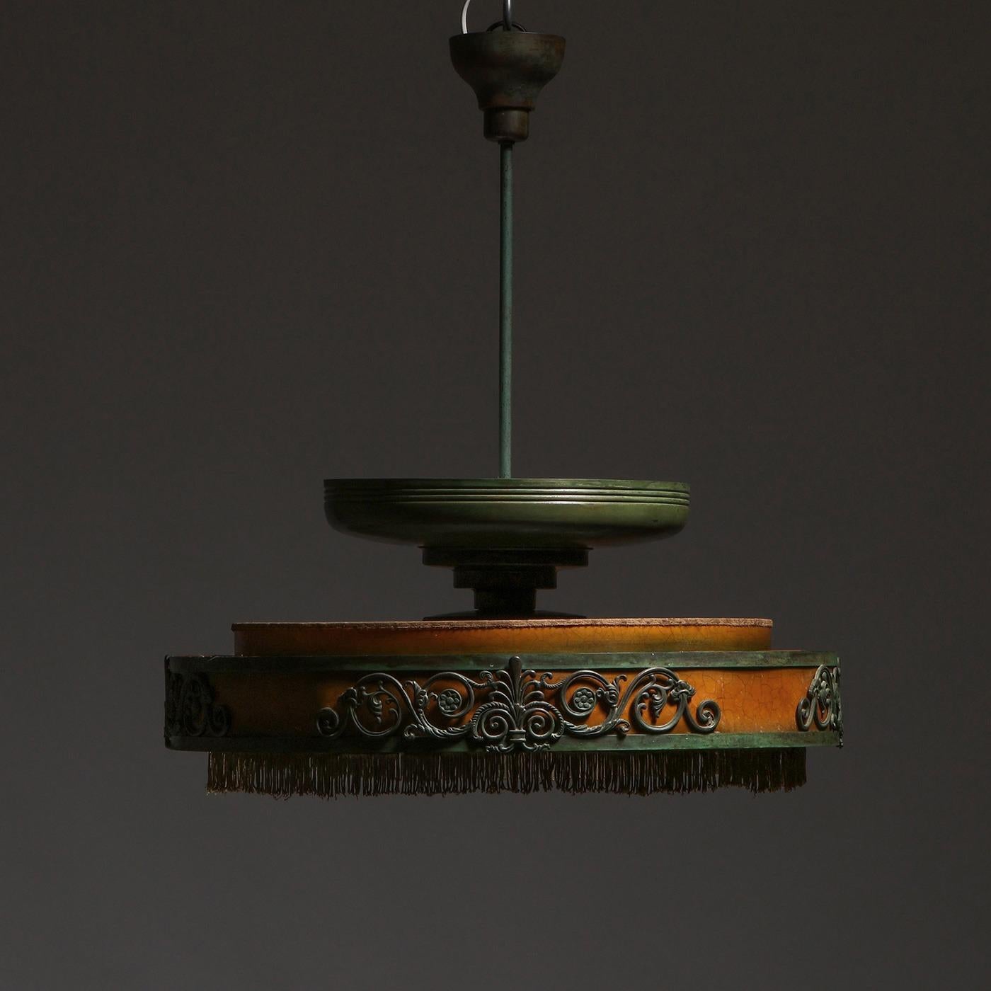 Swedish Grace Ceiling Lamp in Metal and Fringe Decor, Sweden 1930s In Good Condition In Prague, New Town