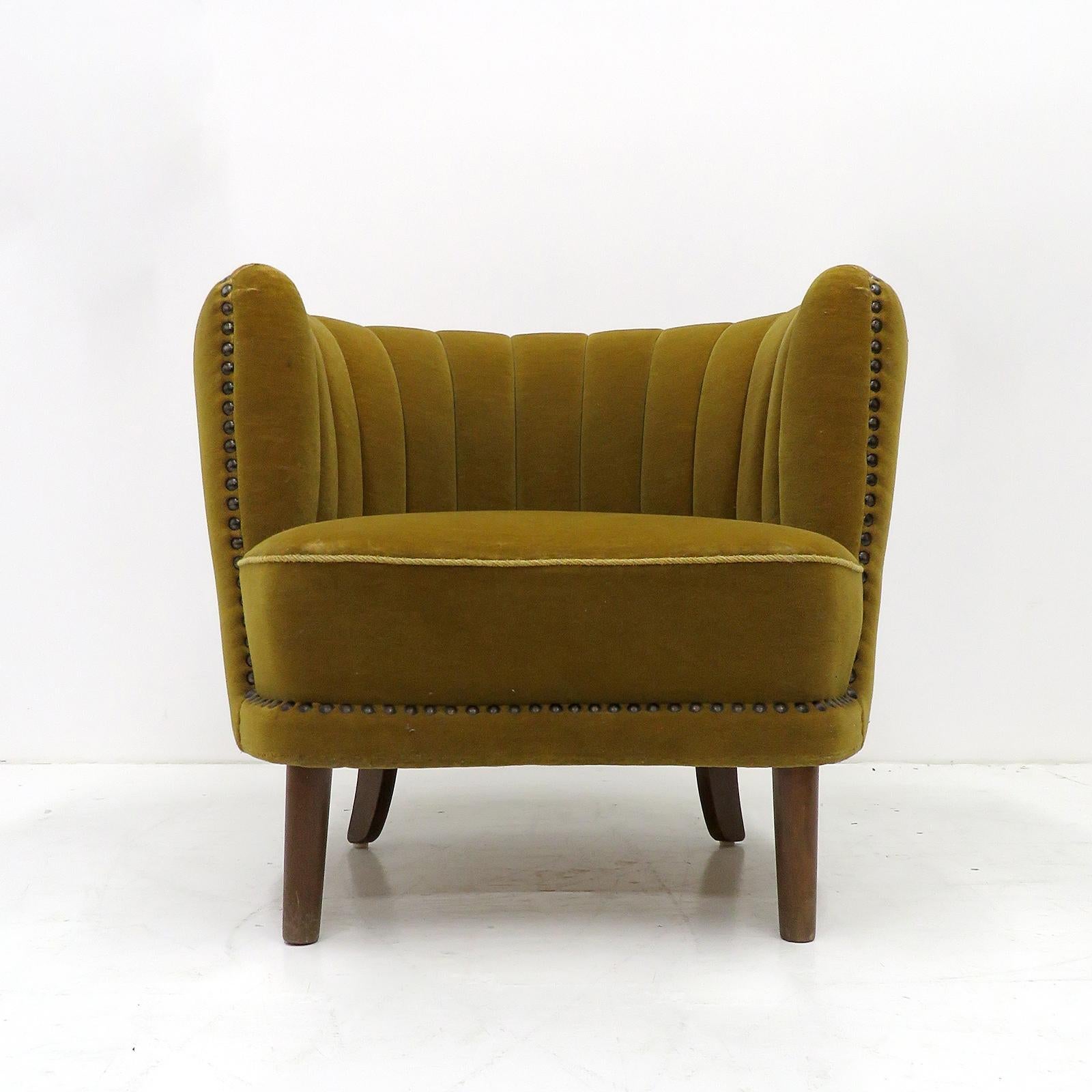 Wonderful curved Swedish modern club chair, 1940s, in original chartreuse velvet with dark stained beech legs and nailed trims, some wear, staining and fading to the fabric.