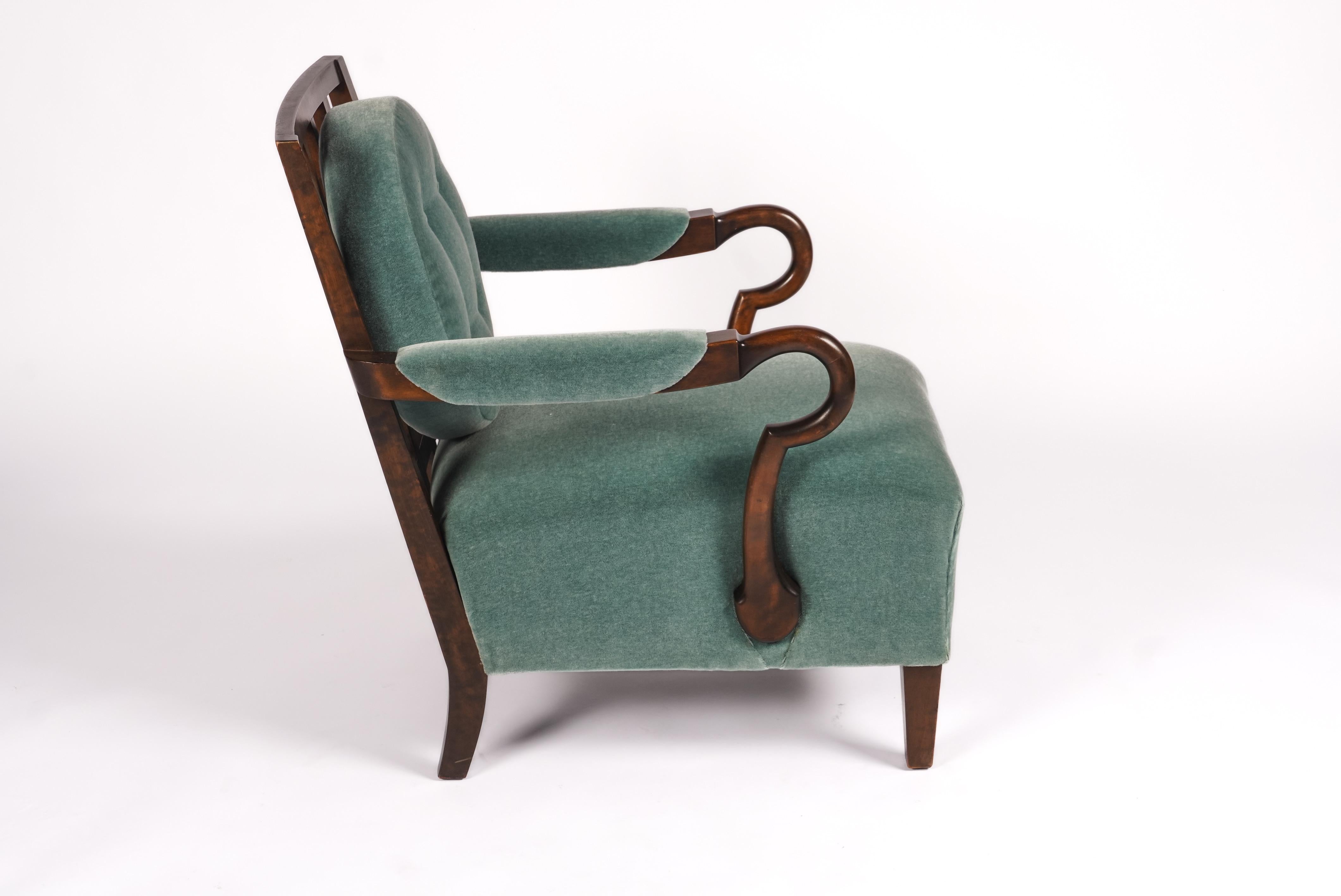 A stunning chair made in Sweden, circa 1930s. Flame Birch frame, generous depth with hand-tied springs all fully reupholstered in luxurious soft sea foam green mohair. Designer unknown. Imported from Sweden. 