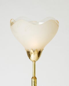 Swedish Grace Floor lamp, brass and glass, Orrefors, Sweden, 1940s