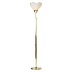 Swedish Grace Floor lamp, brass and glass, Orrefors, Sweden, 1940s