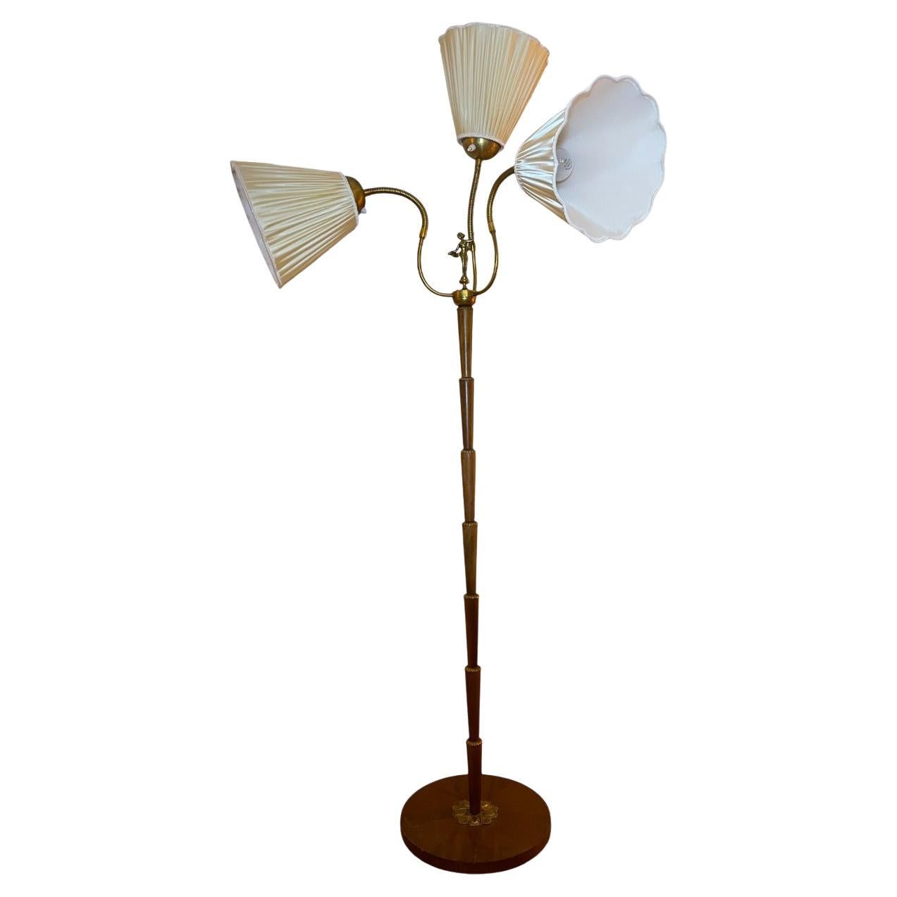 Mid-Century Swedish Floor Lamp with Silk Shades and Brass Detail, 1930s For Sale