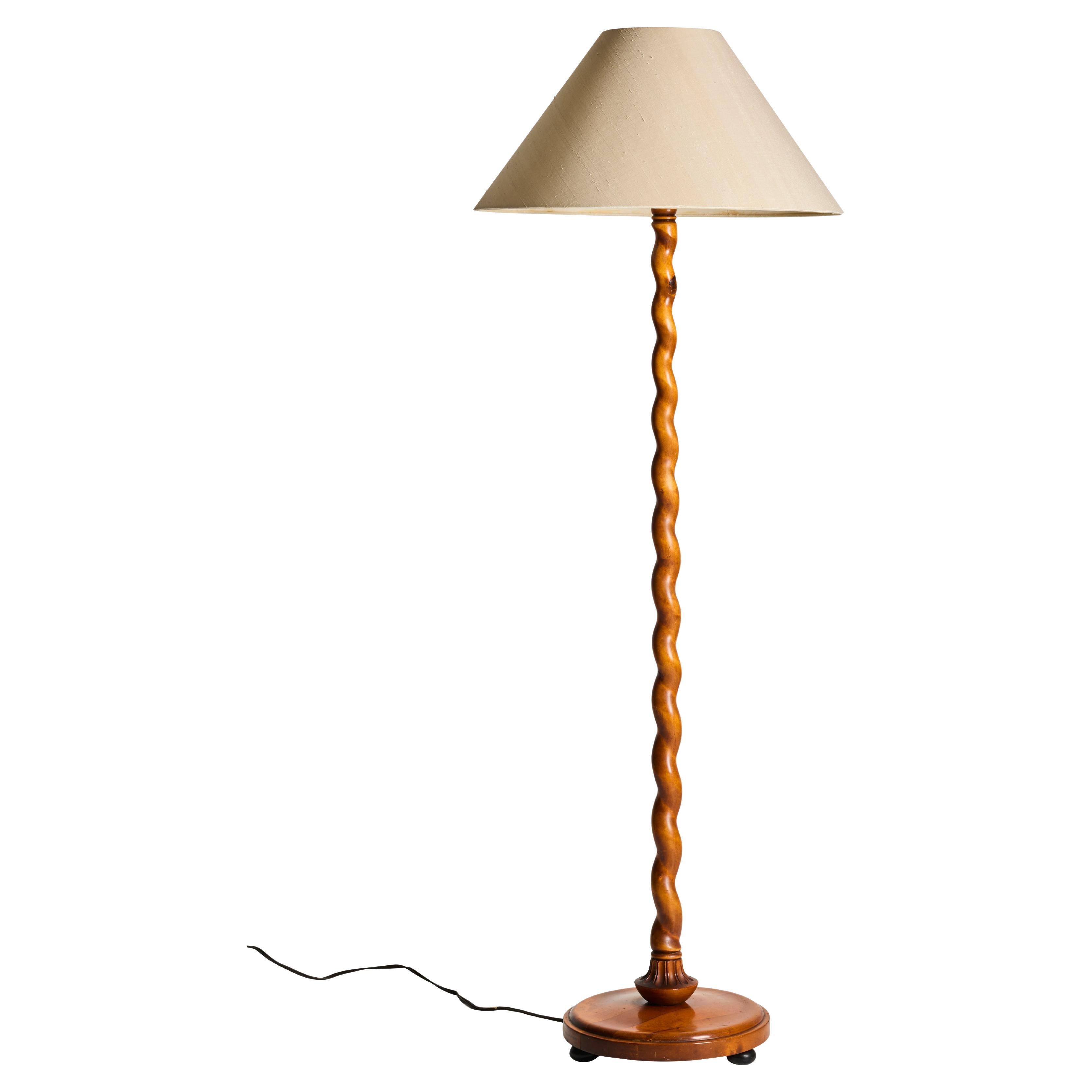 Swedish Grace Floor Lamp, Twist Carved Wood, Sweden, 1930s-40s