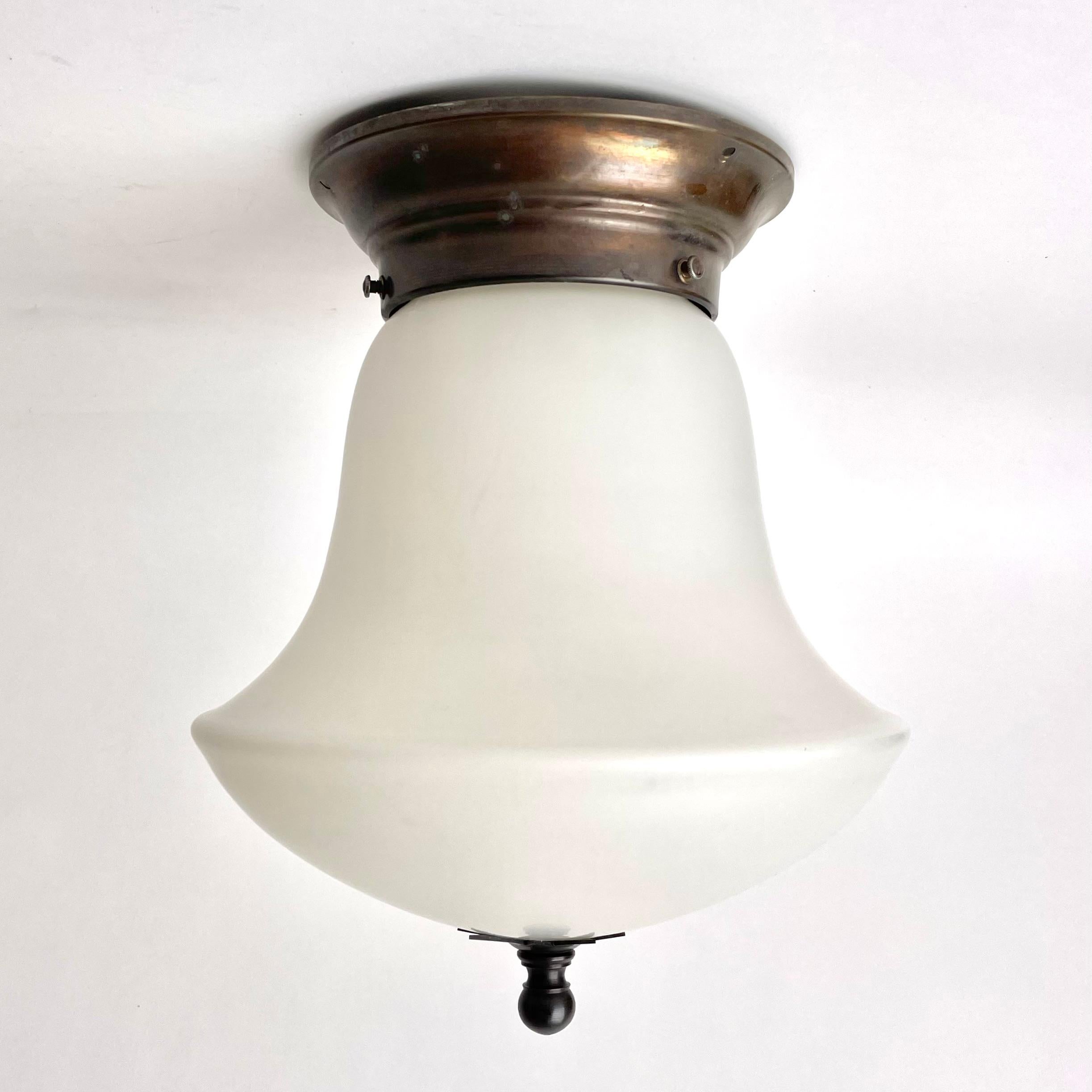 Art Deco Swedish Grace Flush Mount Ceiling Lamp, Frosted Glass and Patinated Brass, 1920s