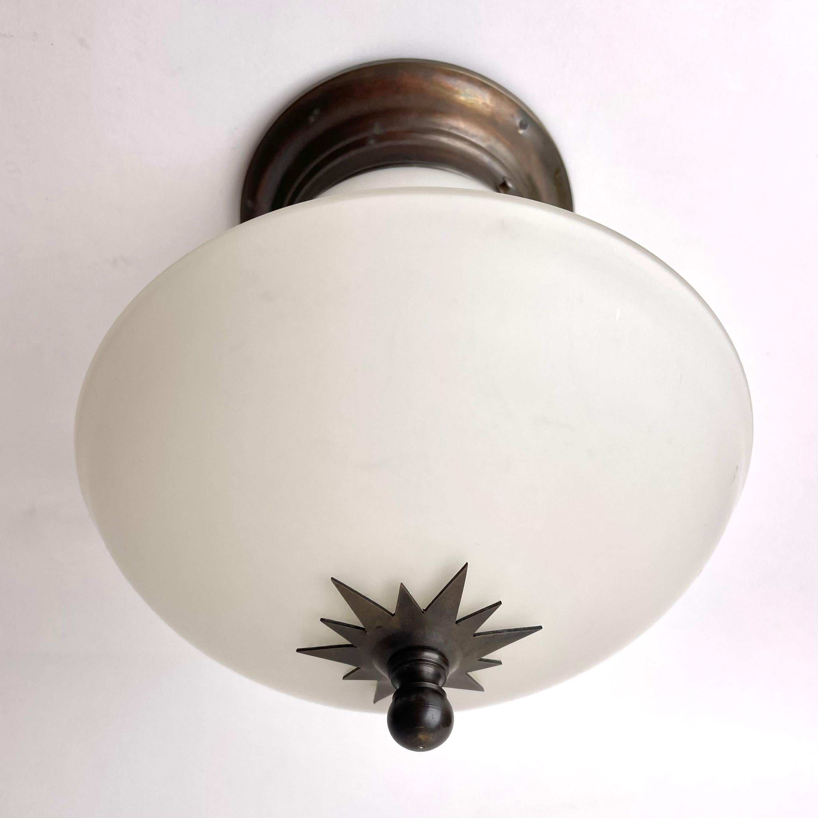 Swedish Grace Flush Mount Ceiling Lamp, Frosted Glass and Patinated Brass, 1920s In Good Condition In Knivsta, SE