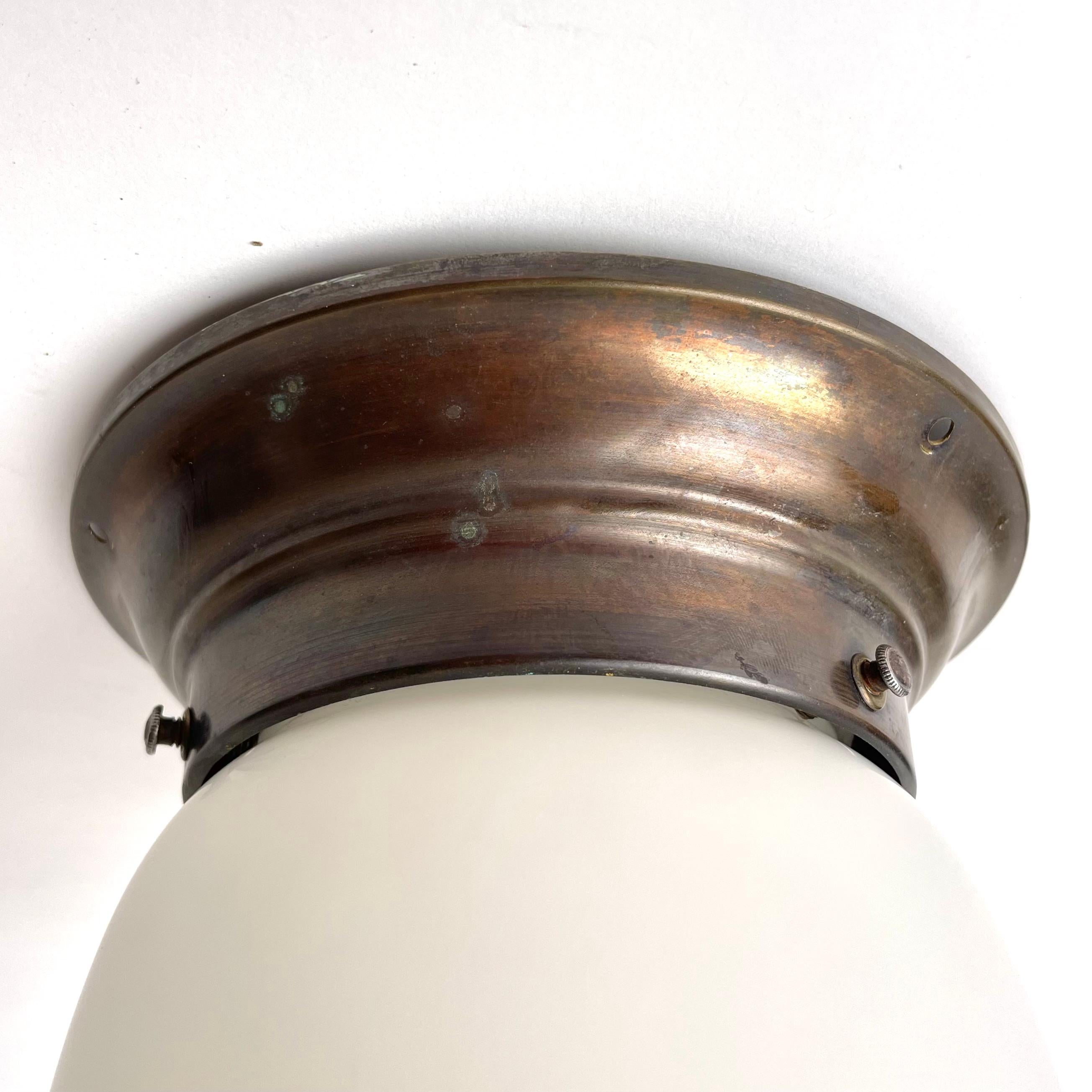 Swedish Grace Flush Mount Ceiling Lamp, Frosted Glass and Patinated Brass, 1920s 1