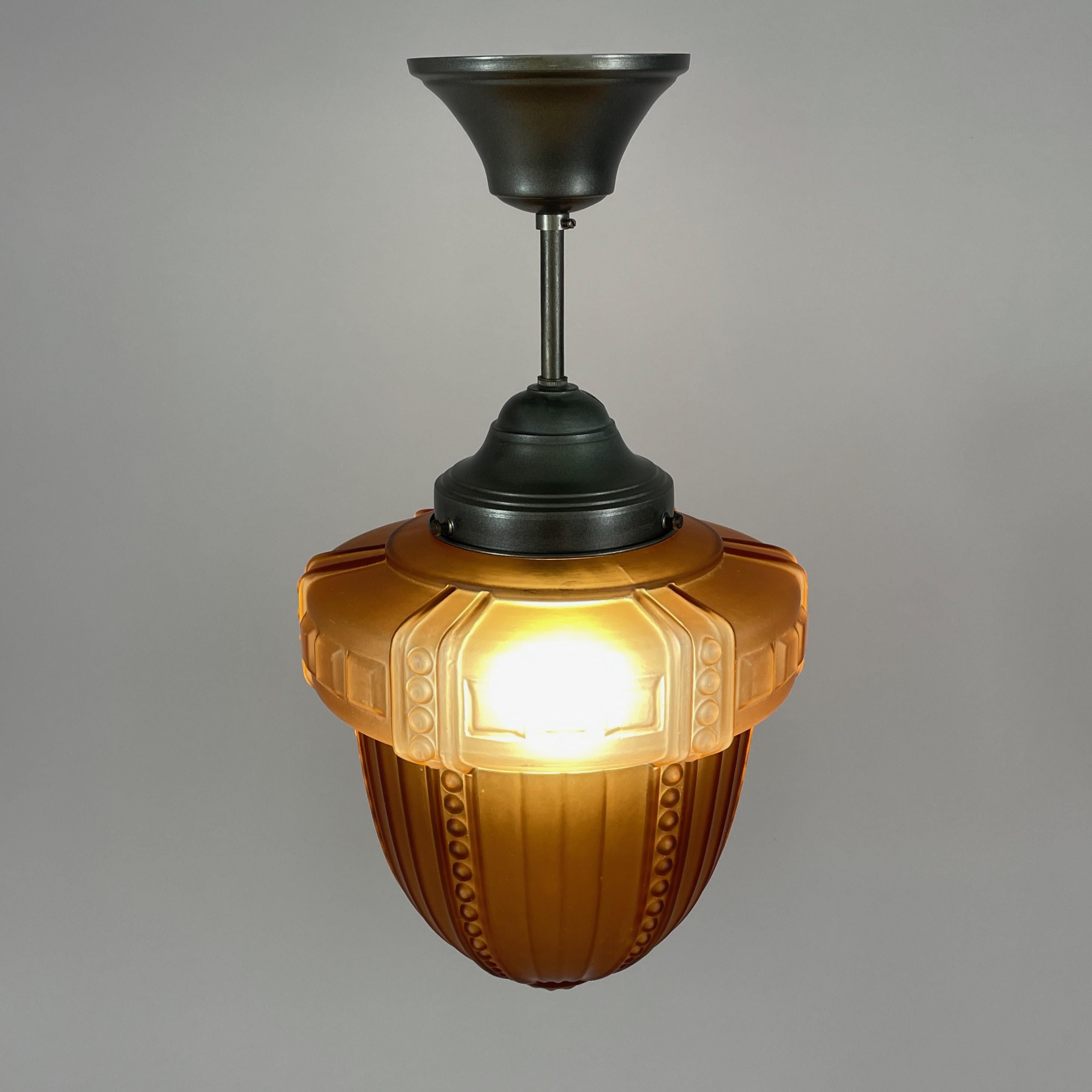 Swedish Grace Havanna Glass & Burnished Brass Pendant, Böhlmarks, 1920s to 1930s For Sale 8