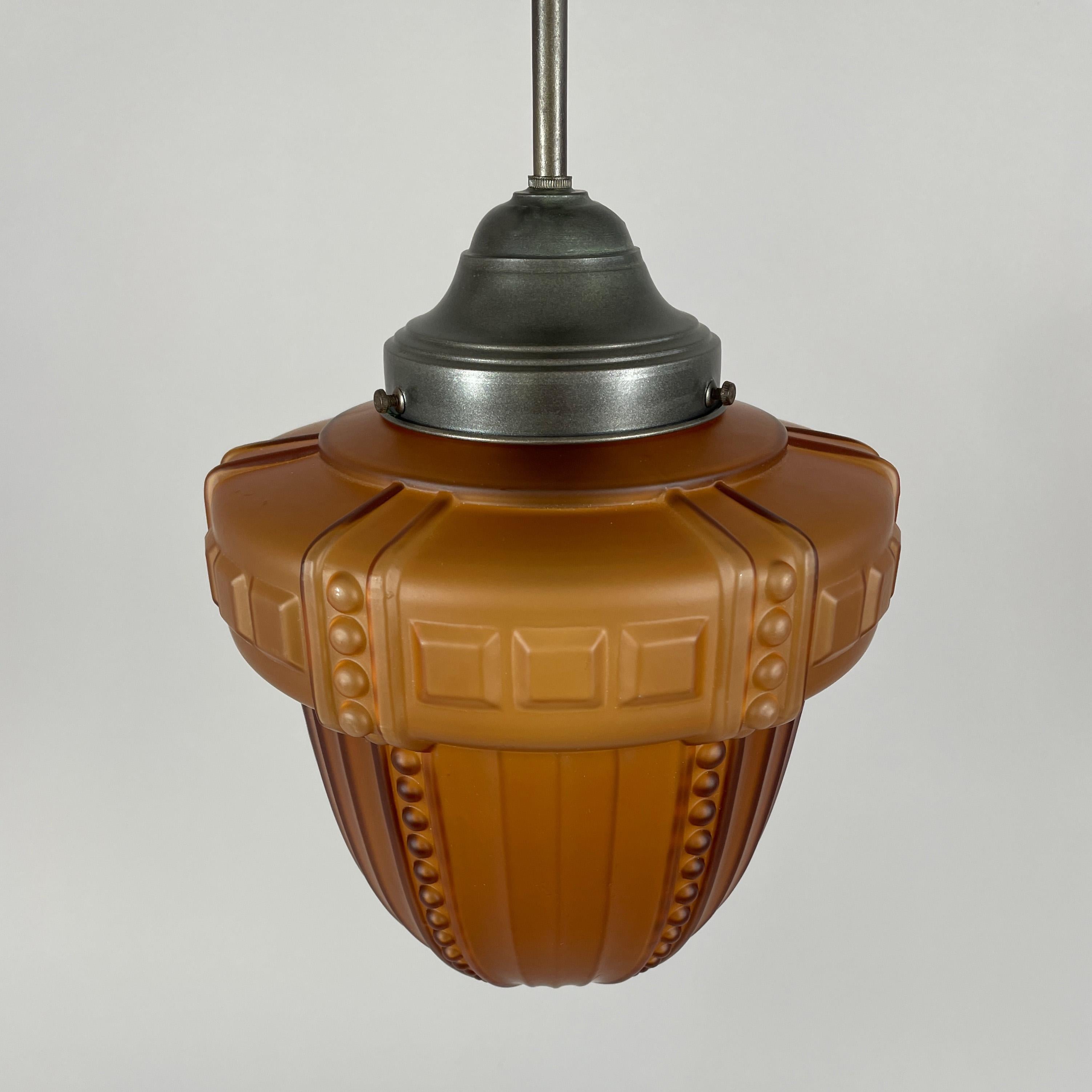 Swedish Grace Havanna Glass & Burnished Brass Pendant, Böhlmarks, 1920s to 1930s For Sale 9