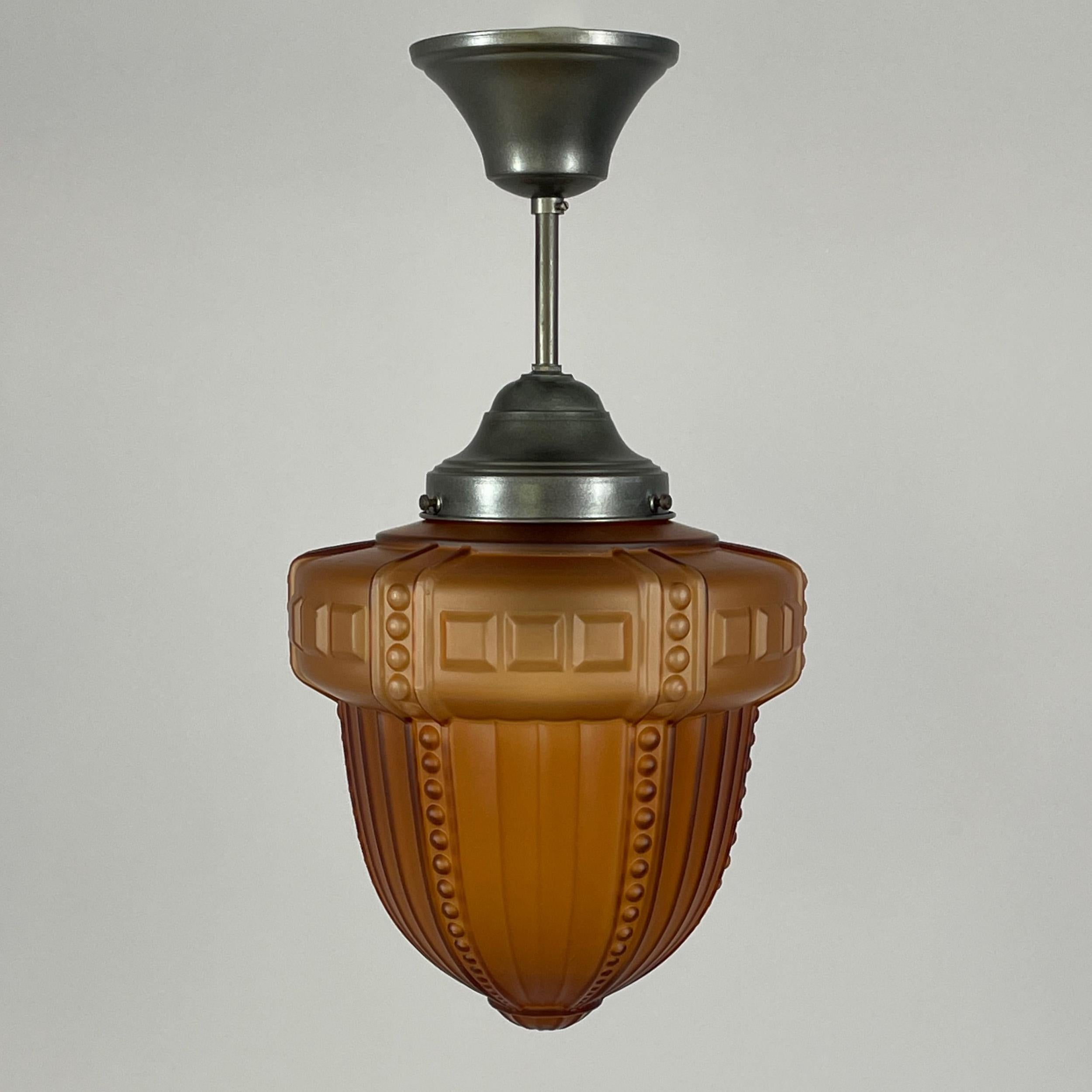 Art Deco Swedish Grace Havanna Glass & Burnished Brass Pendant, Böhlmarks, 1920s to 1930s For Sale