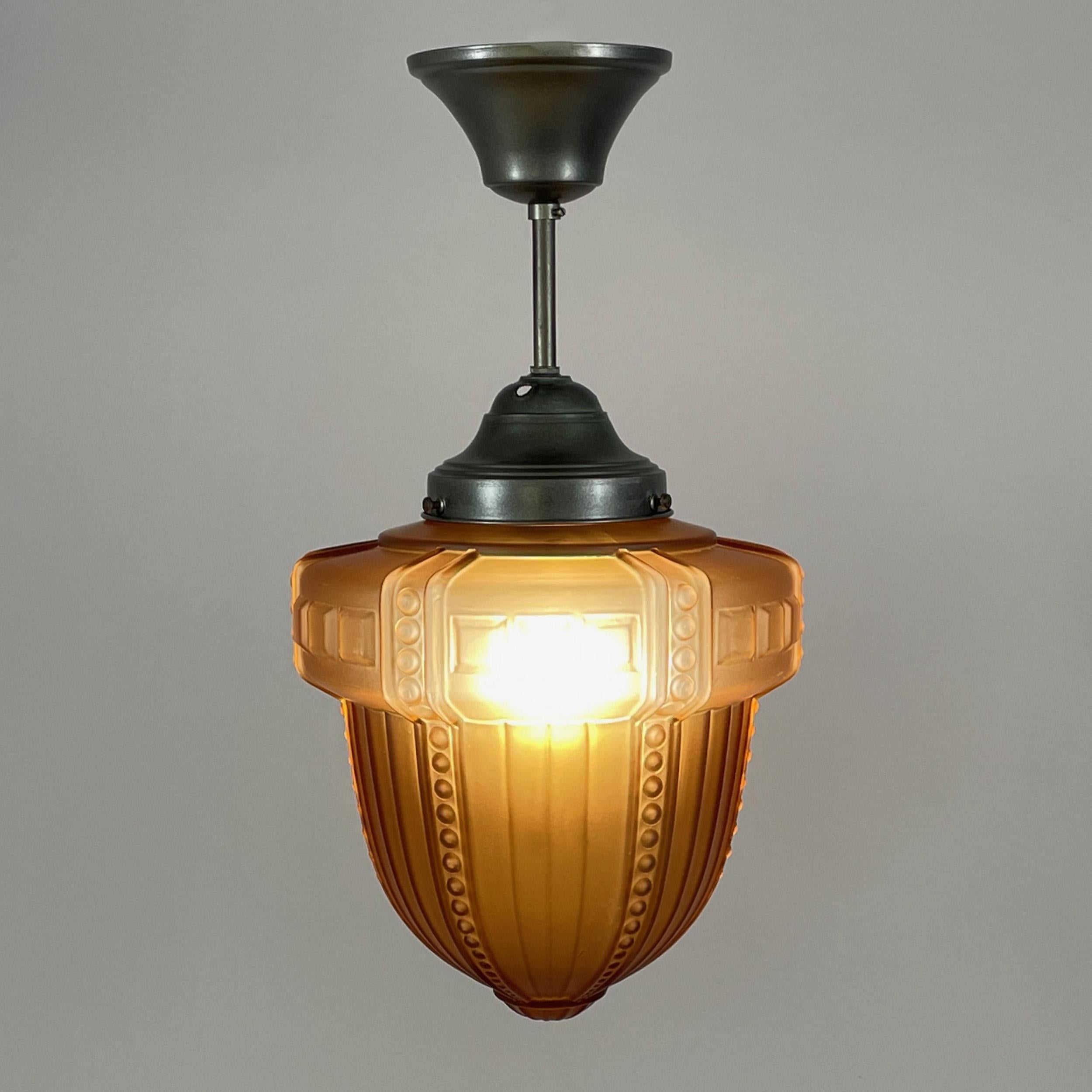 Frosted Swedish Grace Havanna Glass & Burnished Brass Pendant, Böhlmarks, 1920s to 1930s For Sale