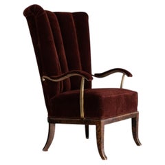 Swedish Grace High-Back Armchair in Velvet with Brass Armrests, c. 1930
